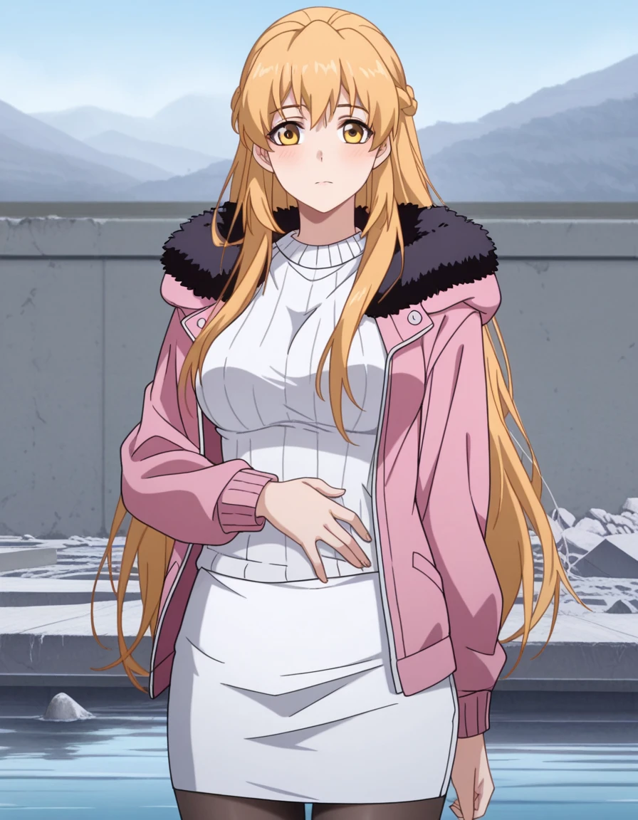 masterpiece, best quality, amazing quality,, <lora:su-mucheng-s1-illustriousxl-lora-nochekaiser:1>, su mucheng, long hair, blonde hair, yellow eyes, braids, hair braid, mature female, medium breasts, anime screencap, sweater, jacket, fur trim, fur-trimmed jacket, pink jacket, pantyhose, skirt, white sweater, white skirt,, hand on stomach, blush,, dam, water, concrete, structure, height, cowboy shot, solo, looking at viewer,