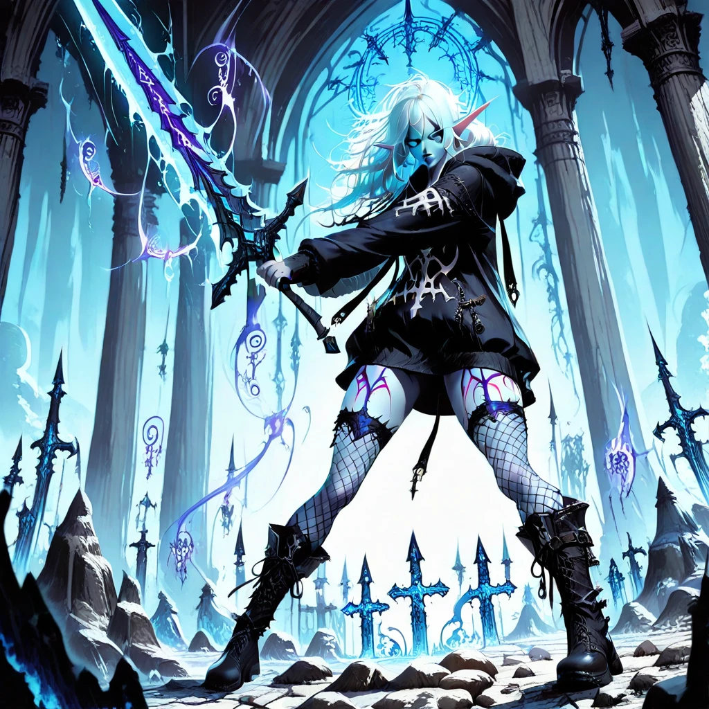 1girl, night elf, mature, goth, tall girl, pointy ears, long ears, blue eyes, glowing eyes, blue sclera, pale white skin, violet facetattoo, violet bodytattoo, violet warpaint, white hair, messy hair, bangs, solo, deathknight, sexy, giant sword, holding giant sword with blue glowing runes, swirling blue ghostly energy, standing, fantasy village, ancient runes carved in stone, ethereal spirits circling, fantasy setting, detailed background, depth of field, dramatic lighting, dynamic pose, detailed background, dynamic pose, dynamic composition,dutch angle, detailed backgroud,foreshortening,blurry edges, black hoodie, oversized hoodie, fishnet stockings, boots