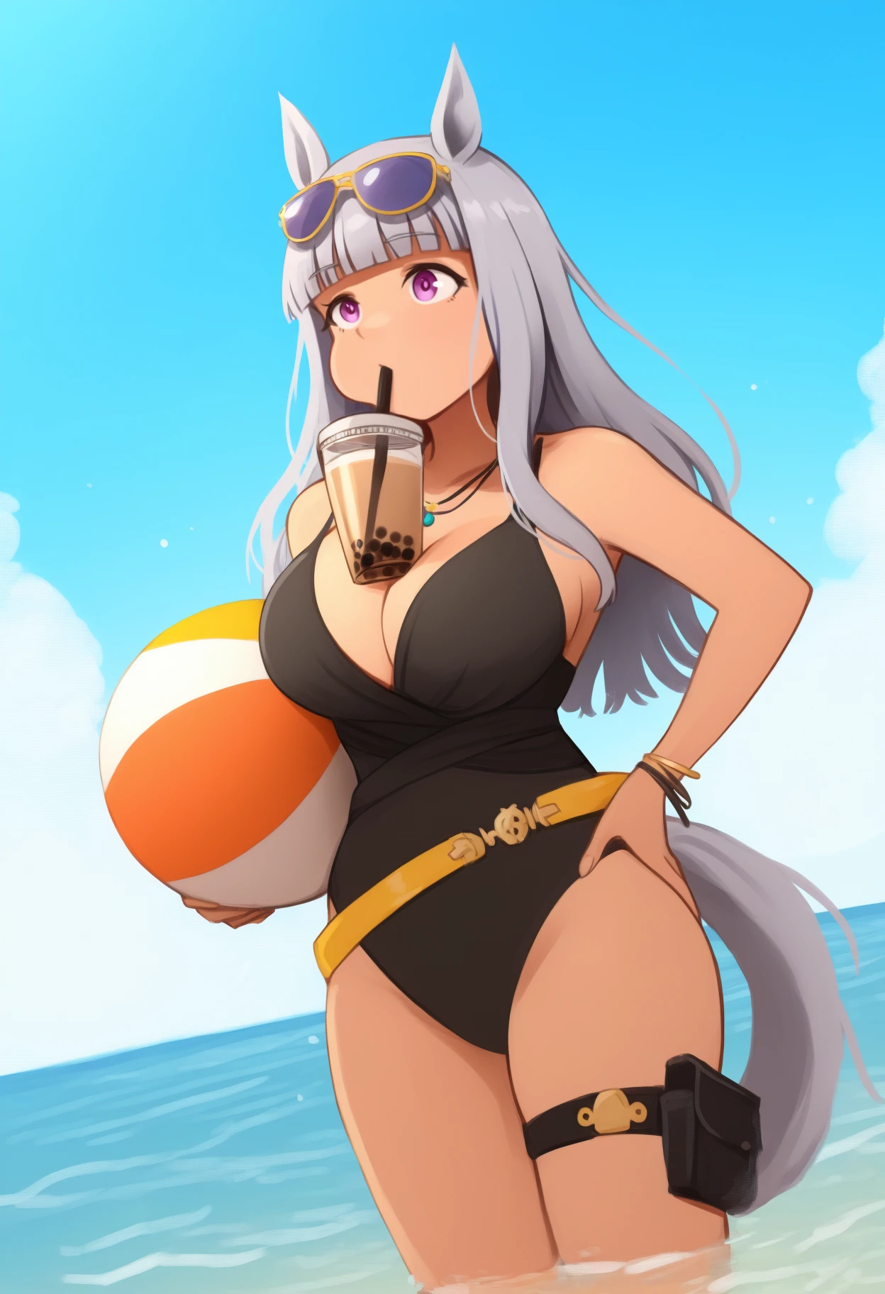 newest, solo, 1girl, gdspswim, horse tail, looking ahead, standing, holding beachball, hand on own hip, drinking straw in mouth, bubble tea challenge, long hair, grey hair, blunt bangs, sunglasses, eyewear on head, animal ears, purple eyes, black one-piece swimsuit, casual one-piece swimsuit, yellow belt, thigh holster, necklace, bracelet, bare shoulders, cleavage, large breasts, outdoors, blue sky, cloud, ocean, water
<segment:yolo-Anzhc Face seg 640 v3 y11n.pt,0.5,0.5//cid=11>