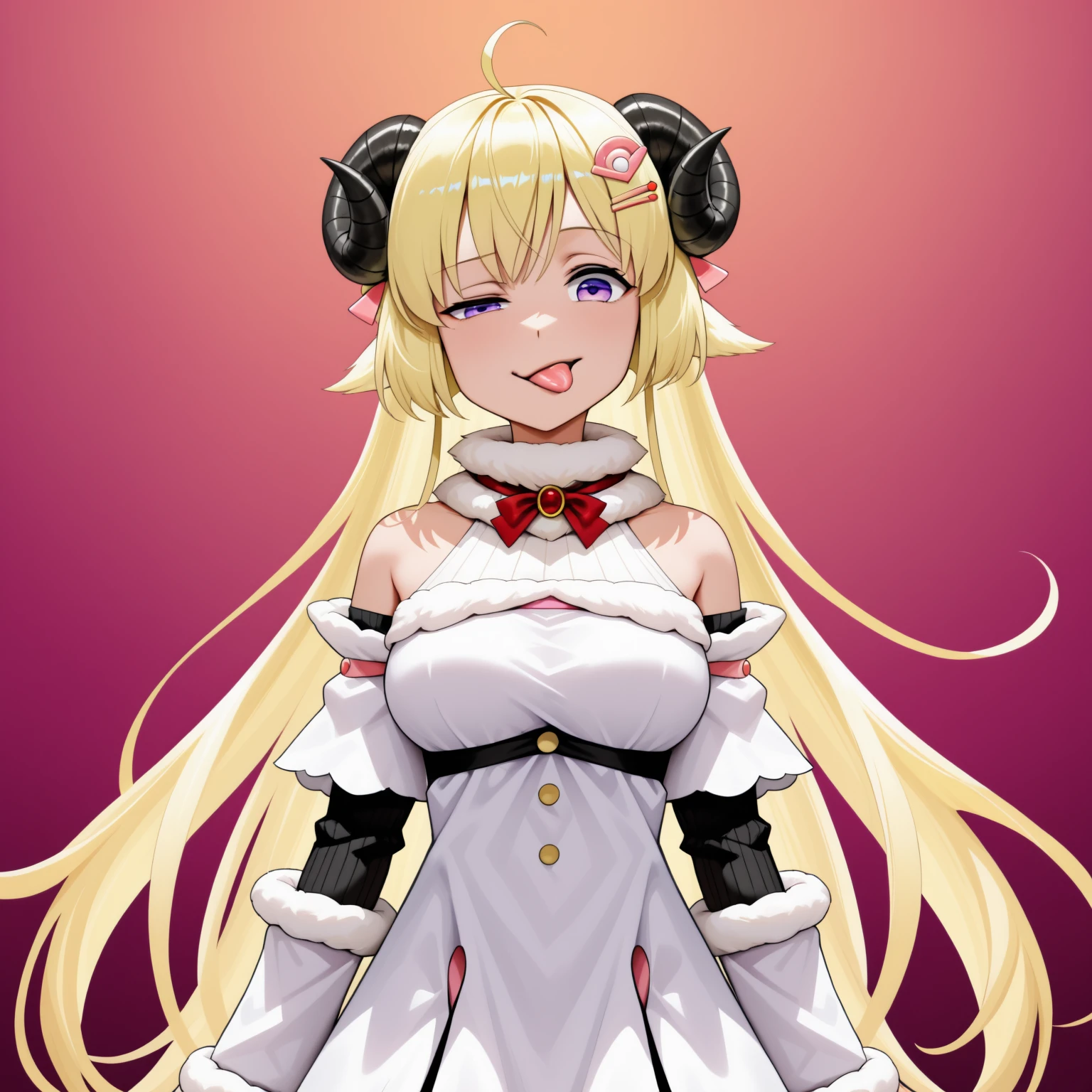 tongue out, uneven eyes, half-closed eye, looking at viewer, <lora:rigby_the_cat_(meme)-000008v3:1> <lora:ChamTsunomakiWatameNoob:1> W4tameDef, horns, blonde hair, purple eyes, very long hair, ahoge, hair ornament, white fur-trimmed dress, short dress, red bowtie, detached sleeves, layered sleeves, bare shoulders, simple background, gradient background,