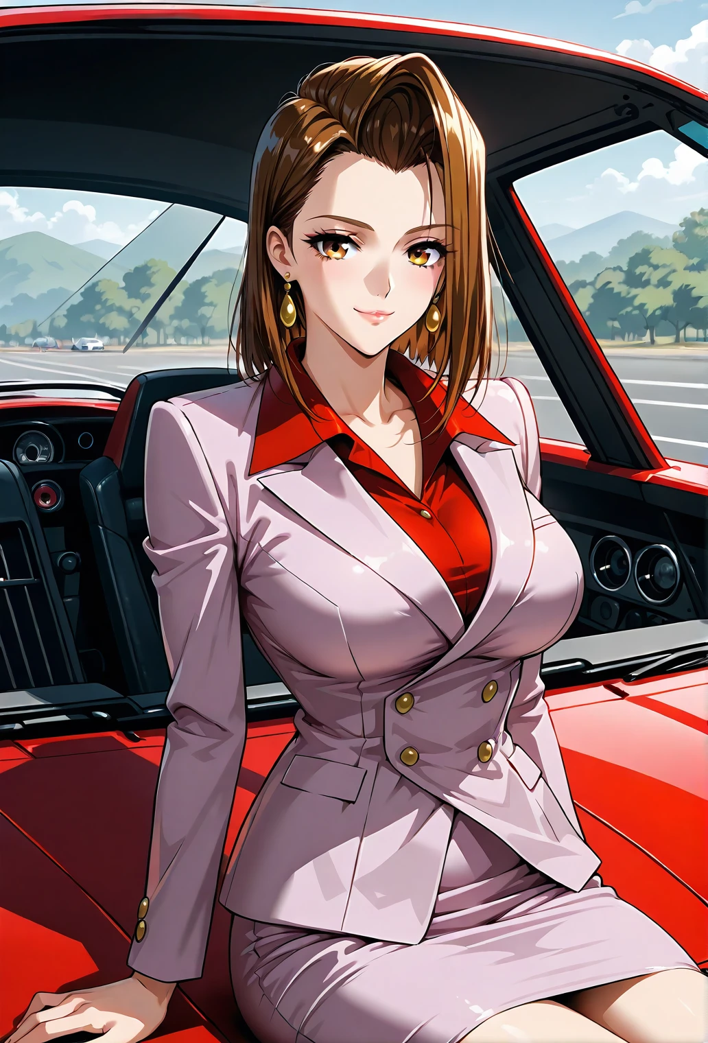master_piece, ultra_quality, , 1girl, solo,cowboy shot,
,claudia.mccunnen.phantom,mature woman,brown Hair,brown eyas,large breastes,red rips,,,skirt, light purple suit,red shirt, parted hair,earrings,, parted hair,earrings,
,in car,Ferrari F40,sitting
<lora:cnv3mdde878c738thn20:0.5>illustriousanime <lora:Realistic_Anime_-_Illustrious:0.3>
<lora:claudia.mccunnen.phantom.v1:0.7>(light smile:1,2,happy:1.2)