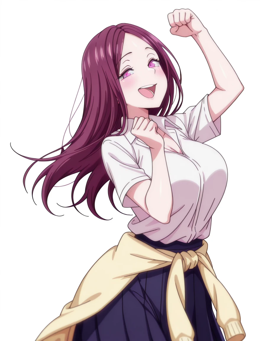 masterpiece, best quality, amazing quality,, <lora:yukina-sasaki-ova-illustriousxl-lora-nochekaiser:1>, yukina sasaki, long hair, purple eyes, purple hair, mature female, large breasts, anime screencap,  shirt, white shirt, collared shirt, short sleeves, collarbone, cleavage, skirt, pleated skirt, blue skirt, clothes around waist, sweater around waist,, <lora:amane-himeno-photoshoot-illustriousxl-lora-nochekaiser:1>, amane himeno photoshoot, solo, looking at viewer, blush, smile, open mouth, teeth, arm up, hands up, clenched fist,, bamboo forest, bamboo, trees, dense, wildlife, cowboy shot, solo, looking at viewer, <lora:transparent-background-illustriousxl-lora-nochekaiser:1>, transparent background, simple background, white background
