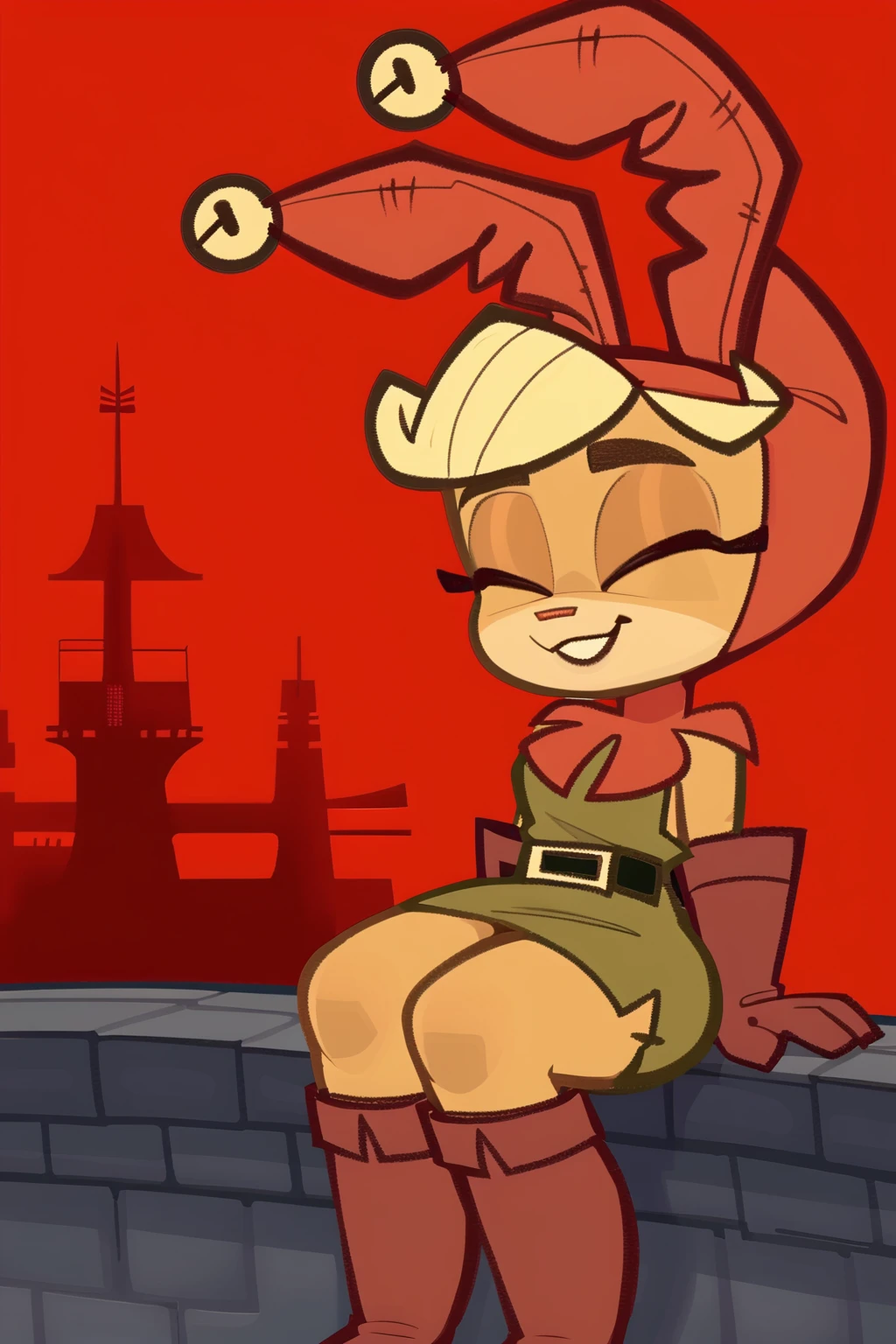 feminine, best quality, masterpiece, highres, newest, furry, d0rk_ha, 1girl, furry, rabbit girl, jester hat, dress, gloves, belt, red background, sitting, cityscape, sitting on brick wall, looking up, relaxed
BREAK
dynamic background, dark background,, simple background, <lora:Dorkha_Pony:1>