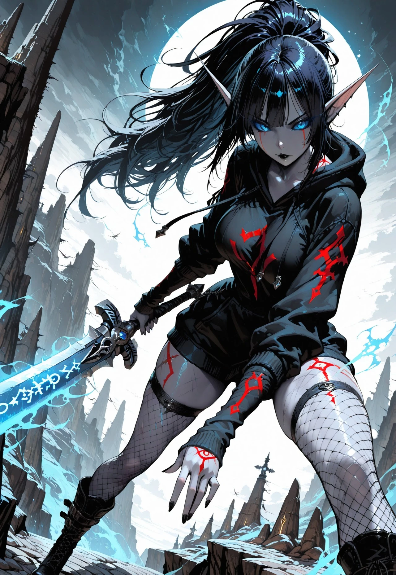 masterwork, masterpiece, best quality, detailed, depth of field, high detail, best quality, very aesthetic, 8k, depth of field, dynamic angle, adult, aged up, particle effect, high contrast shadows, 

1girl, night elf, goth, tall girl, athletic, (pale grey skin, red warpaint, red bodytattoo, red facetattoo), pointy ears, long ears, (blue eyes, glowing eyes, blue sclera), (black hair, messy hair, ponytail, bangs), scars, black lipstick, solo, deathknight, sexy, glowing tattoos, deep-set wise eyes, big sword with red glowing runes, swirling red ghostly energy, oversized black hoodie, fishnet stockings, boots, standing on a rocky cliff, stormy sky, ancient runes carved in stone, ethereal spirits circling, tribal fantasy setting, detailed background, depth of field, dramatic lighting, dynamic pose, detailed background, dynamic pose, dynamic composition,dutch angle, detailed backgroud,foreshortening,blurry edges