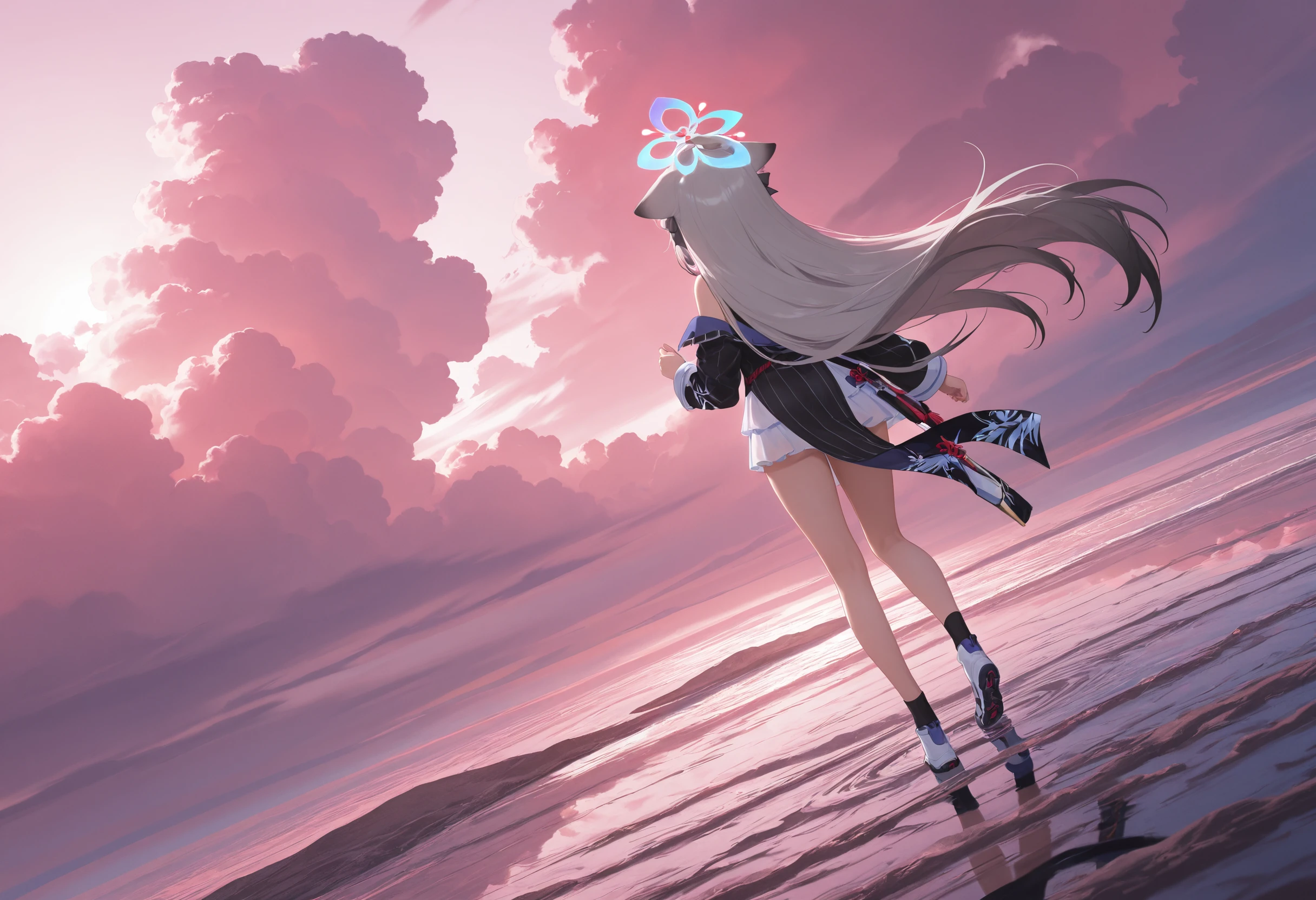 masterpiece,best quality,amazing quality,very aesthetic,absurdres,newest,scenery,
1girl,<lora:å¿å¥:0.9>,Sunohara Kokona,halo,animal ear fluff,animal ears,gray hair,black hair,brown eyes,hair between eyes,multicolored hair,streaked hair,very long hair,
(pink theme:1.2),(blue_theme:0.9),water surface,reflection,reflection,cloud,side angle,wind,facing_away,from_side,panorama,running,
photorealistic,masterpiece,best quality,amazing quality,very aesthetic,absurdres,newest,scenery,volumetric lighting,