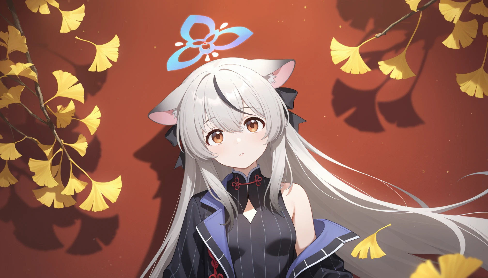 masterpiece,best quality,amazing quality,very aesthetic,absurdres,newest,scenery,
1girl,<lora:å¿å¥:0.9>,Sunohara Kokona,halo,animal ear fluff,animal ears,gray hair,black hair,brown eyes,hair between eyes,multicolored hair,streaked hair,upper_body,panorama,very long hair,
(red_background),simple background,((red wall)),overhead ginkgo leaves,in autumn,light leaks,luoye,
photorealistic,masterpiece,best quality,amazing quality,very aesthetic,absurdres,newest,scenery,volumetric lighting,