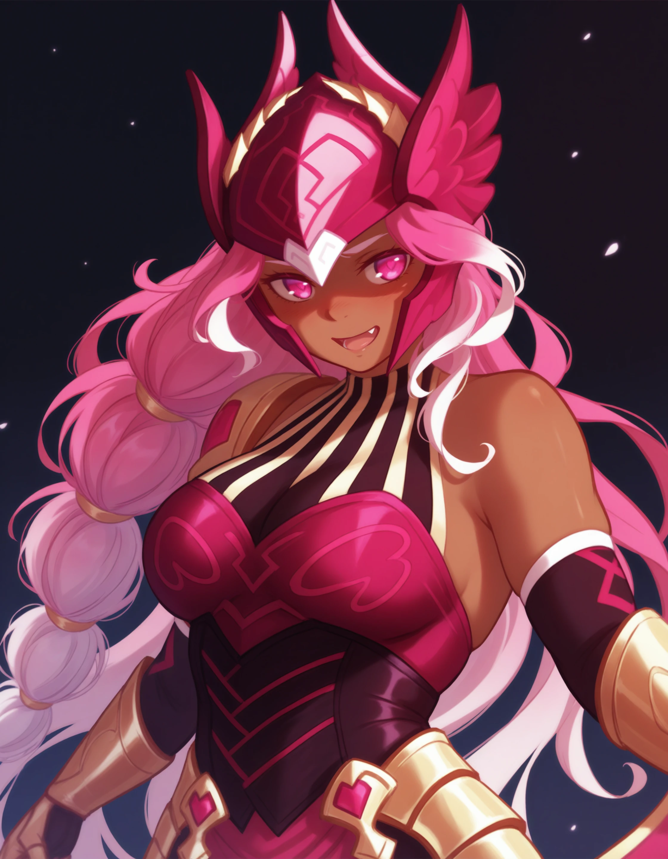 mitsu \(mitsu art\), dark theme, black background, upper body, looking at viewer, :d, <break> hbcrkaegis, elbow gloves, gauntlets, single bare shoulder, 1girl, pink hair, gradient hair, loincloth, dark skin, pink eyes, long hair, multi-tied hair, half up, gold armor, pink helmet, leggings <break> <break> very awa, very aesthetic, masterpiece, best quality, <segment:yolo-face_yolov8n.pt,0.35,0.5//cid=11> <segment:yolo-hand_yolov8n.pt,0.25,0.5//cid=12>