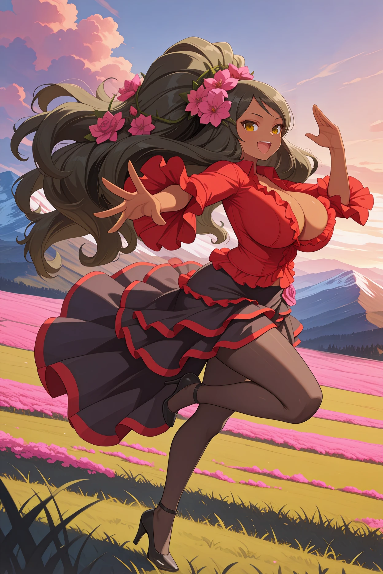 masterpiece, best quality, 1girl, solo, <lora:skageha-illu-nvwls-v1-000006:1> kgaha, dark-skinned female, black hair, very long hair, wavy hair, amber eyes, , high ponytail, big hair, hair flower, pink flower, frilled shirt, red shirt, long sleeves, frilled sleeves, black skirt, layered skirt, long skirt, pantyhose, high heels, full body, running, happy, open mouth, wide shot, field, mountains, dusk, dynamic pose, looking at viewer, grass, outstretched hand