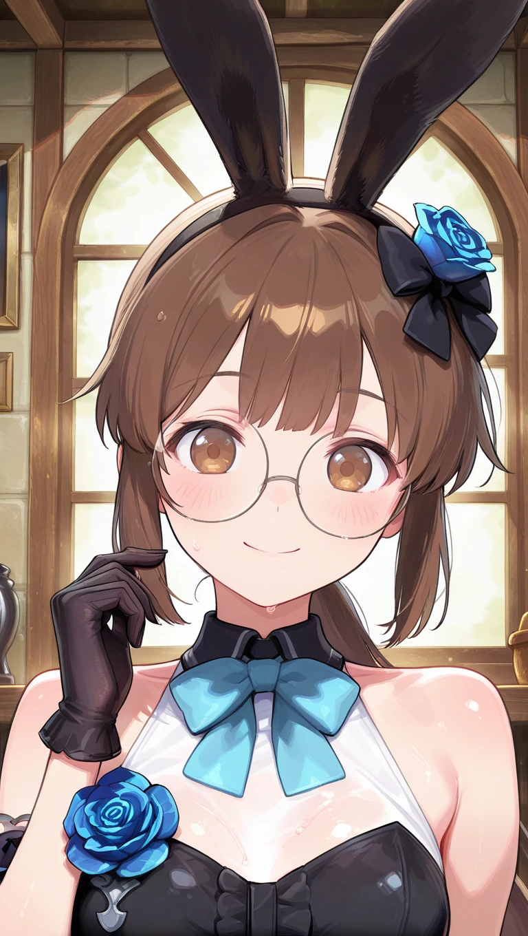 (masterpiece),best quality,amazing quality,very aesthetic,absurdres,newest,perfect body,shiny skin,perfect eyes,detail1eye,well-defined fingers,well-defined fingernails,anime style,indoors,1girl,solo,upper body,(portrait:1.5),looking at viewer,facing viewer,smile,blush,Shimakaze-White Rabbit of Wonderland Showcase uniform,rabbit ears,black hairband,black bow,Fio Germi,long hair,brown hair,ponytail,sidelocks,bangs,brown eyes,round eyewear,bare shoulders,blue bowtie,black dress,sleeveless dress,dress flower,blue rose,black gloves,frills,<lora:Fio Germi(ms)-Illus:1.8>,<lora:Shimakaze-White Rabbit of Wonderland Showcase[uniform](azur)-Illus:1.6>,