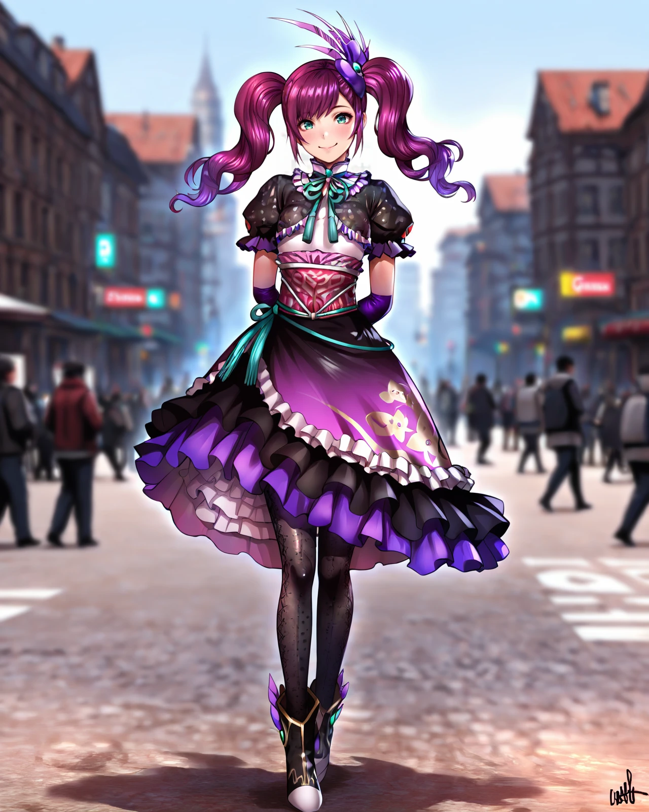 masterpiece, best quality, amazing quality, city, blurry background, people, hands behind back,
<lora:GraciaSW:1>Gracia, 1girl, solo, gloves, dress, hair ornament, pantyhose, smile, full body, twintails, purple hair, black gloves,