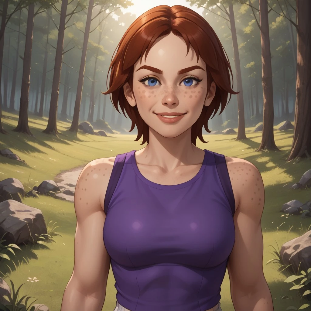 score_9, score_8, BREAK, solo, wii, mii, wii sports, 1girl, cute, female mii, dark red hair, dark red eyebrows, blue eyes, freckles, lips, purple clothing, white pants, shoes, GiovannaWSR, breasts, nintendo mii, modern_mii, classic_mii, self portrait, smile, looking at viewer, outdoors, sunlight, shadows, evening lighting, natural lighting, forest, trees, grass, orange sky, sunset