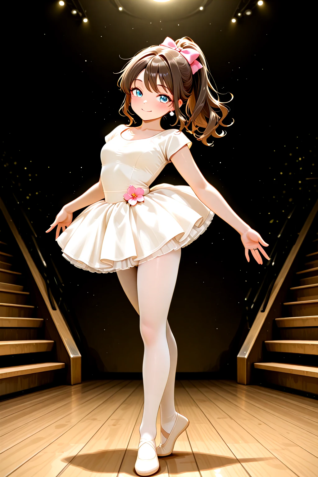 masterpiece, best quality, amazing quality, 1girl, solo, makeup, general, full body, looking at viewer, blush, dramatic angle, smile, sweat, (on stage), stage, stage performance, stage background, stage decorations, (dark), beautiful, beautiful ballerina, standing on one leg, stage lights, (theater), ballet pose, dancing, stage makeup, (jumping), spread legs, <lora:Hanasaki_Himari_OC:0.6>, Hanasaki_Himari_OC, long hair, blue eyes, brown hair, high ponytail, hair intakes, hair bow, pink bow, hair flower, pink flower, hair ornament, sidelocks, breasts, <lora:Ballerina_Outfit:0.7>, Ballerina_Outfit, white dress, white pantyhose, white leotard, ballerina, ballet, white tutu, short sleeves, ballet slippers, jewelry, earrings, skirt, white footwear, footwear ribbon, ring, collarbone, <lora:wai-A3-V140:1>, <lora:illustrious_noobai_epsilon_pred_1_masterpieces_v1:1>