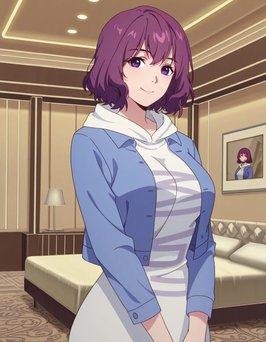 masterpiece, best quality, amazing quality,, <lora:tang-rou-s1-illustriousxl-lora-nochekaiser:1>, tang rou, short hair, purple eyes, purple hair, mature female, medium breasts, anime screencap, jacket, hood, hoodie, blue jacket, dress,, smile, hotel, rooms, lobby, guests, beds, cowboy shot, solo, looking at viewer,