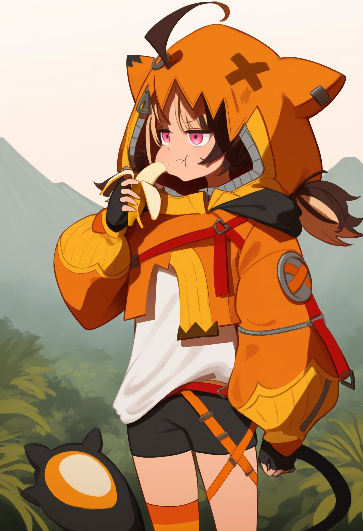newest, solo, 1girl, GigiBase, eating, :t, looking ahead, standing, arm at side, holding fruit, banana, pink eyes, jitome, multicolored hair, short twintails, ahoge, animal hood, hood up, orange jacket, cropped jacket, white shirt, black gloves, fingerless gloves, black shorts, single thighhigh, striped thighhigh, tail, outdoors, jungle, volcano, mountainous horizon, tree
<segment:yolo-Anzhc Face seg 640 v3 y11n.pt,0.35,0.5//cid=11>
