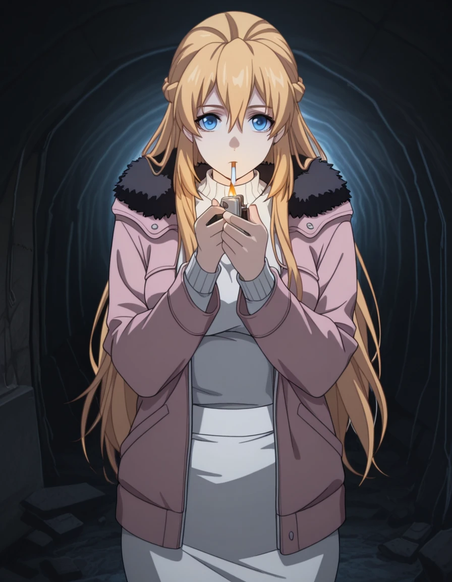 masterpiece, best quality, amazing quality,, <lora:su-mucheng-s1-illustriousxl-lora-nochekaiser:1>, su mucheng, long hair, blonde hair, blue eyes, hair between eyes, braids, hair braid, mature female, medium breasts, anime screencap, sweater, jacket, fur trim, fur-trimmed jacket, pink jacket, pantyhose, skirt, white sweater, white skirt,, <lora:lighting-cigarette-illustriousxl-lora-nochekaiser:1>, lighting cigarette, lighter, holding lighter, cigarette, smoking, fire, smoke, holding, upper body, bunker, underground, secure, concrete, dark, cowboy shot, solo, looking at viewer,