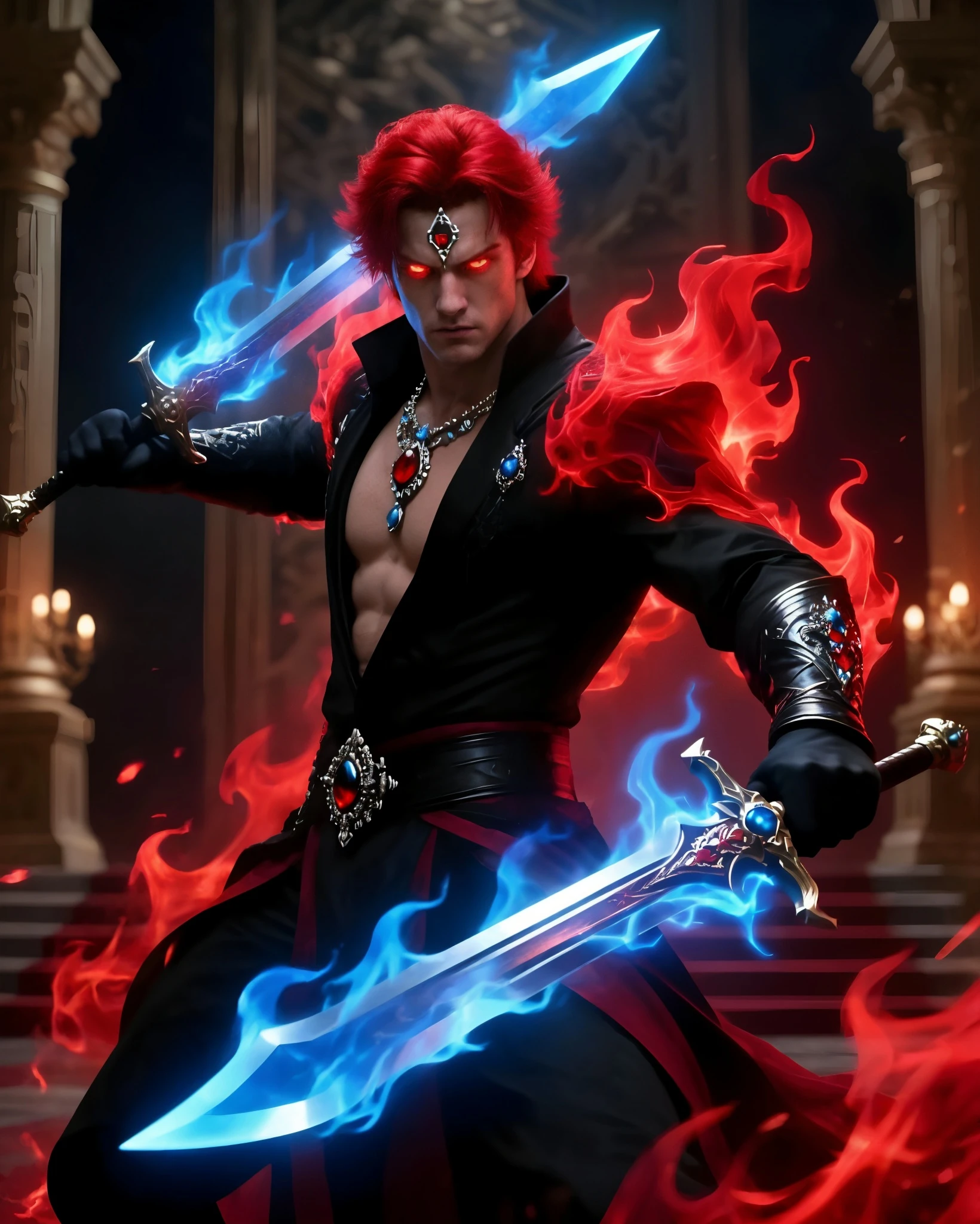 A fierce warrior stands in a dramatic pose, holding two swords, one with a blue blade and the other glowing red. He has striking red hair and piercing red eyes, adorned with a jeweled crown on his forehead. His black outfit reveals a muscular torso, accented by ornate jewelry and a flowing cape that swirls with blue and red flames. The background features an opulent setting with dim lighting and elegant architecture, adding to the intense atmosphere.