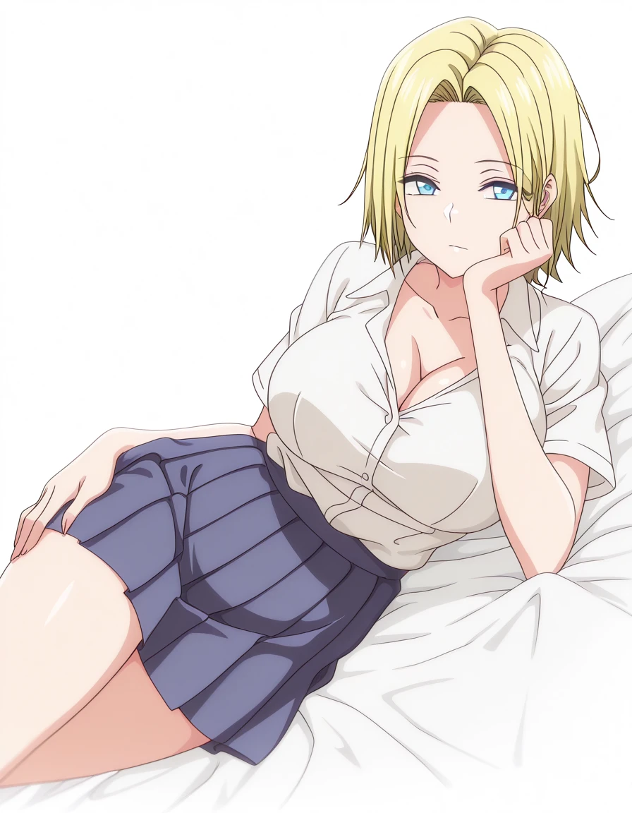 masterpiece, best quality, amazing quality,, <lora:reina-hamazaki-ova-illustriousxl-lora-nochekaiser:1>, reina hamazaki, short hair, blue eyes, mature female, large breasts, anime screencap, shirt, white shirt, collared shirt, short sleeves, collarbone, cleavage, skirt, pleated skirt, blue skirt,, <lora:hand-on-own-hip-on-side-illustriousxl-lora-nochekaiser:1>, hand on own hip on side, looking at viewer, collarbone, lying, hand on hip, bed, bed sheet, arm support, on bed, on side, head rest, hand on own thigh, art gallery, paintings, sculptures, exhibits, quiet, cowboy shot, solo, looking at viewer, <lora:transparent-background-illustriousxl-lora-nochekaiser:1>, transparent background, simple background, white background