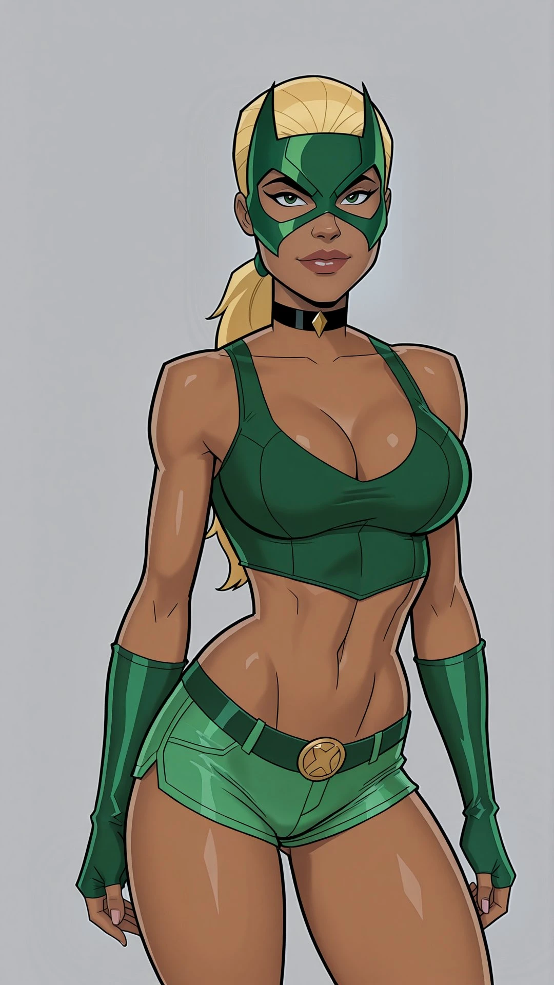 masterpiece,best quality,
simple background,<lora:Pixiqueenie:1>,<lora:Artemis:0.65>,su_artemis,breasts,blonde hair,dark-skinned female,low ponytail,superherom mask,green crop top,green shorts,cleavage