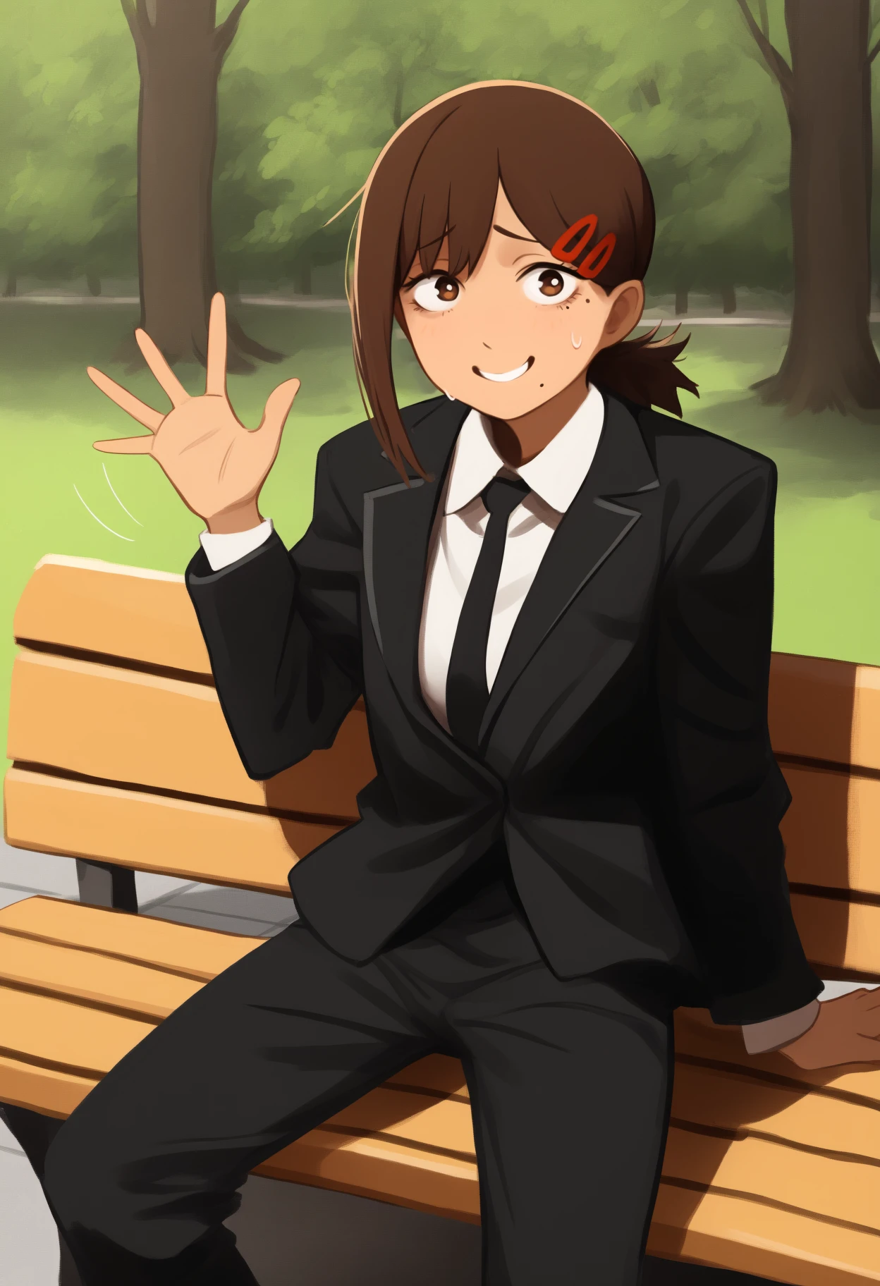 newest, feet out of frame, solo, 1girl, kob3nidef, mole under eye, mole under mouth, sweatdrop, nervous smile, looking at viewer, sitting, park bench, arm support, waving, medium hair, brown hair, single sidelock, short ponytail, hairclip, brown eyes, black jacket, suit jacket, long sleeves, white shirt, collared shirt, black necktie, black pants, outdoors, day, tree
<segment:yolo-Anzhc Face seg 640 v3 y11n.pt,0.5,0.5//cid=11>