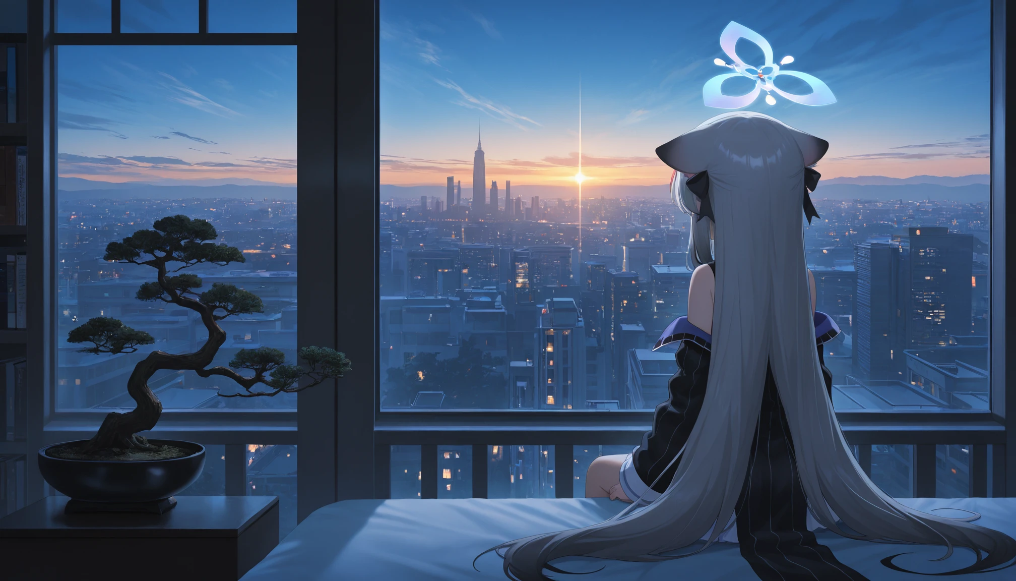 masterpiece,best quality,amazing quality,very aesthetic,absurdres,newest,scenery,
1girl,<lora:å¿å¥:0.8>,Sunohara Kokona,halo,animal ear fluff,animal ears,gray hair,black hair,brown eyes,hair between eyes,multicolored hair,streaked hair,very long hair,
(dark:1.5),(blue_theme:1.3),(orange_theme:1.1),cityscape,tall building,indoor,glass window,panoramic window,bookshelf,golden moment,cirrus_fibratus,dusk,bonsai,sitting,from behind,bed,
photorealistic,masterpiece,best quality,amazing quality,very aesthetic,absurdres,newest,scenery,volumetric lighting,