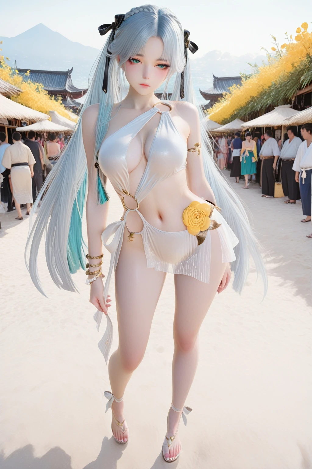 <lora:æ°¸å«æ é´å­£è¹è¹æ³³è£:0.8>,ji yingying,1girl,solo,long hair,high heels,full body,breasts,navel,hair ribbon,ribbon,jewelry,bracelet,braid,grey hair,yellow flower,bikini,bare shoulders,cleavage,o-ring,strappy heels,twintails,oval face,makeup,fundoshi,long_eyelashes,light_blush,mole_under_eye,aqua eyes,medium breasts,groin,expressionless,
IllusP0s,lazypos,<lora:illustrious_very_aesthetic_v1:0.5>,<lora:Smooth_Booster_v3:0.5>,<lora:TrendCraft_The_Peoples_Style_Detailer-v2.4I-5_18_2025-Illustrious:0.6>,
beach,crowd,