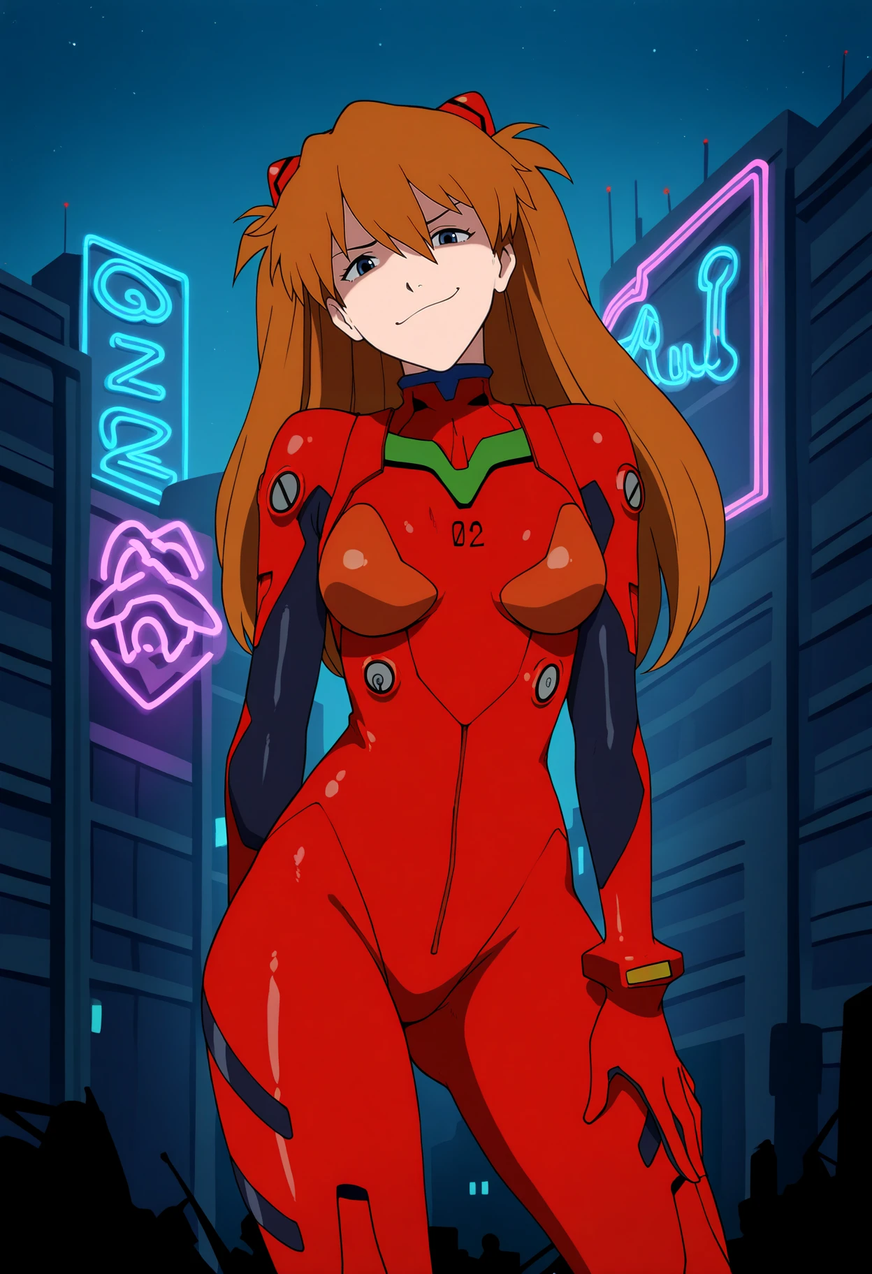 masterpiece, best quality, very aesthetic, absurdres,
1girl, asuka langley, red plugsuit, standing, smug, looking at viewer, futuristic background, neon light, buildings, night, <lora:ZaundergroundNoob_byKonan:1>