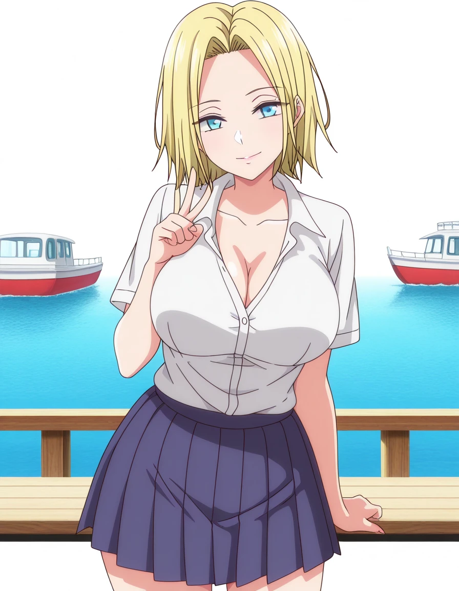 masterpiece, best quality, amazing quality,, <lora:reina-hamazaki-ova-illustriousxl-lora-nochekaiser:1>, reina hamazaki, short hair, blue eyes, mature female, large breasts, anime screencap, shirt, white shirt, collared shirt, short sleeves, collarbone, cleavage, skirt, pleated skirt, blue skirt,, v,, jetty, water, boats, dock, narrow, cowboy shot, solo, looking at viewer, <lora:transparent-background-illustriousxl-lora-nochekaiser:1>, transparent background, simple background, white background