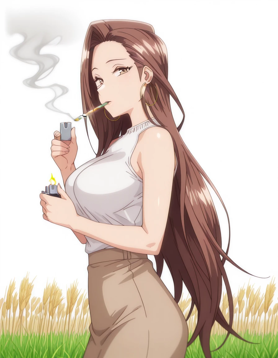 masterpiece, best quality, amazing quality,, <lora:risa-hamazaki-ova-illustriousxl-lora-nochekaiser:1>, risa hamazaki, long hair, brown eyes, brown hair, mature female, large breasts, anime screencap, skirt, shirt, jewelry, white shirt, earrings, sleeveless, brown skirt, hoop earrings,, <lora:lighting-cigarette-illustriousxl-lora-nochekaiser:1>, lighting cigarette, lighter, holding lighter, cigarette, smoking, fire, smoke, holding, cowboy shot, from side, field, grass, open_space, farming, crops, cowboy shot, solo, looking at viewer, <lora:transparent-background-illustriousxl-lora-nochekaiser:1>, transparent background, simple background, white background