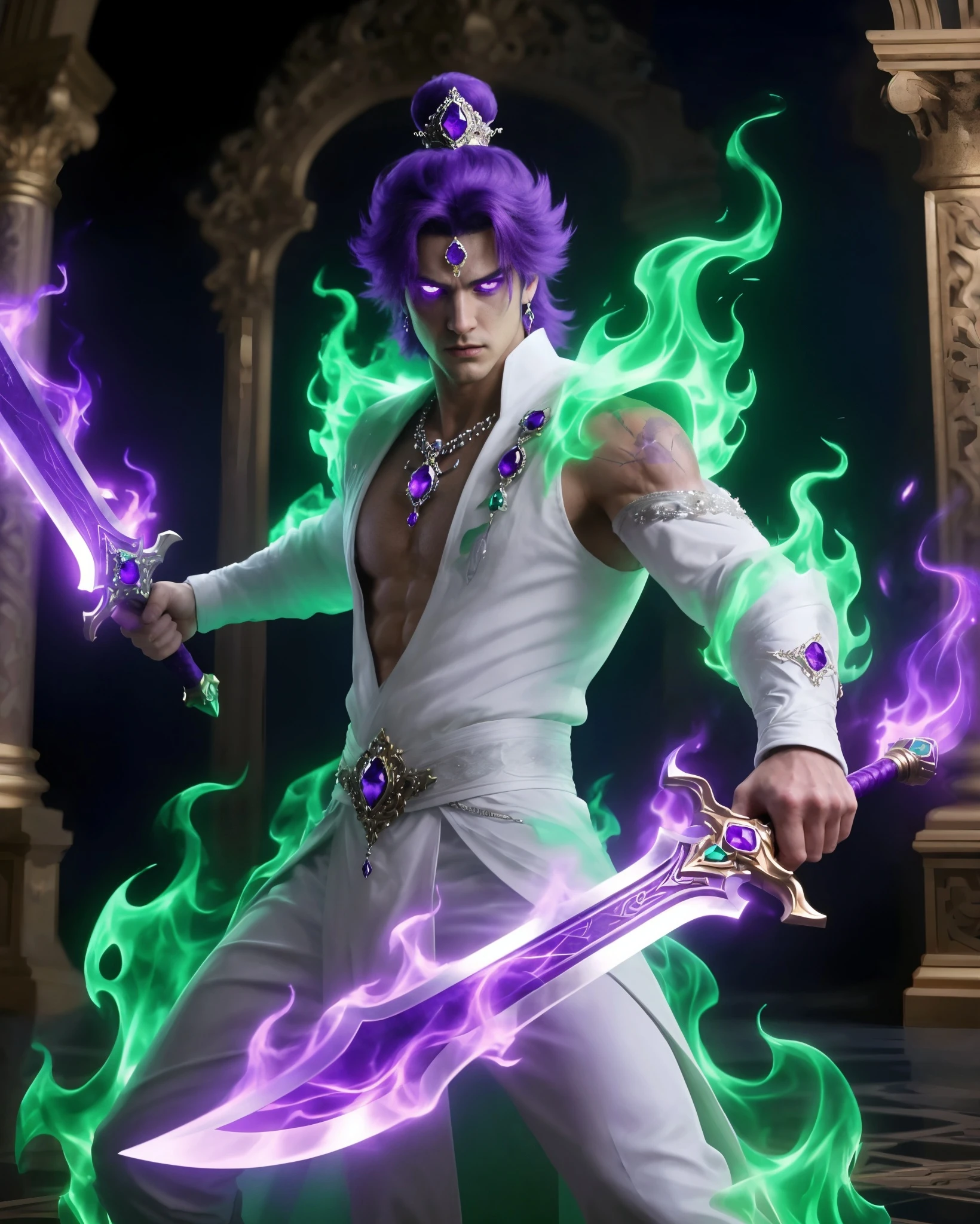 A muscular, striking figure stands confidently, wielding two ornate swords glowing with purple and green flames. He has vibrant purple hair and intense purple eyes, adorned with a regal headpiece. His clothing is a flowing white outfit accentuated with jewels and a decorative belt. The background features intricate architectural details, emphasizing a mystical, otherworldly atmosphere.