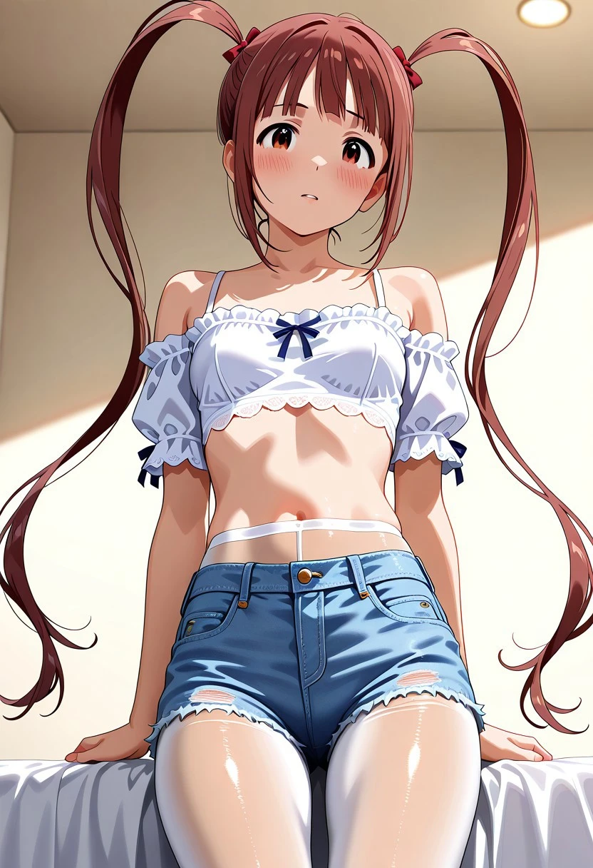 Smooth_Quality, very aesthetic, realistic,2.5D,absurdres, explicit
,BREAK,
1 gril,solo,Matsuda arisa, twintails, 
,BREAK,
white off-shoulder short-sleeve top, light blue high-waisted denim shorts, nude sheer pantyhose 5d