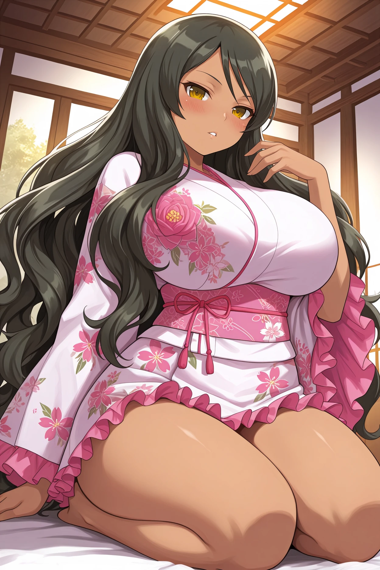masterpiece, best quality, 1girl, solo, <lora:skageha-illu-nvwls-v1-000006:1> kgaha, dark-skinned female, black hair, very long hair, wavy hair, amber eyes, , frilled kimono, short kimono, floral print, white kimono, pink obi, wide sleeves, seiza, looking at viewer, japanese architecture, indoors, looking at viewer, blush, parted lips