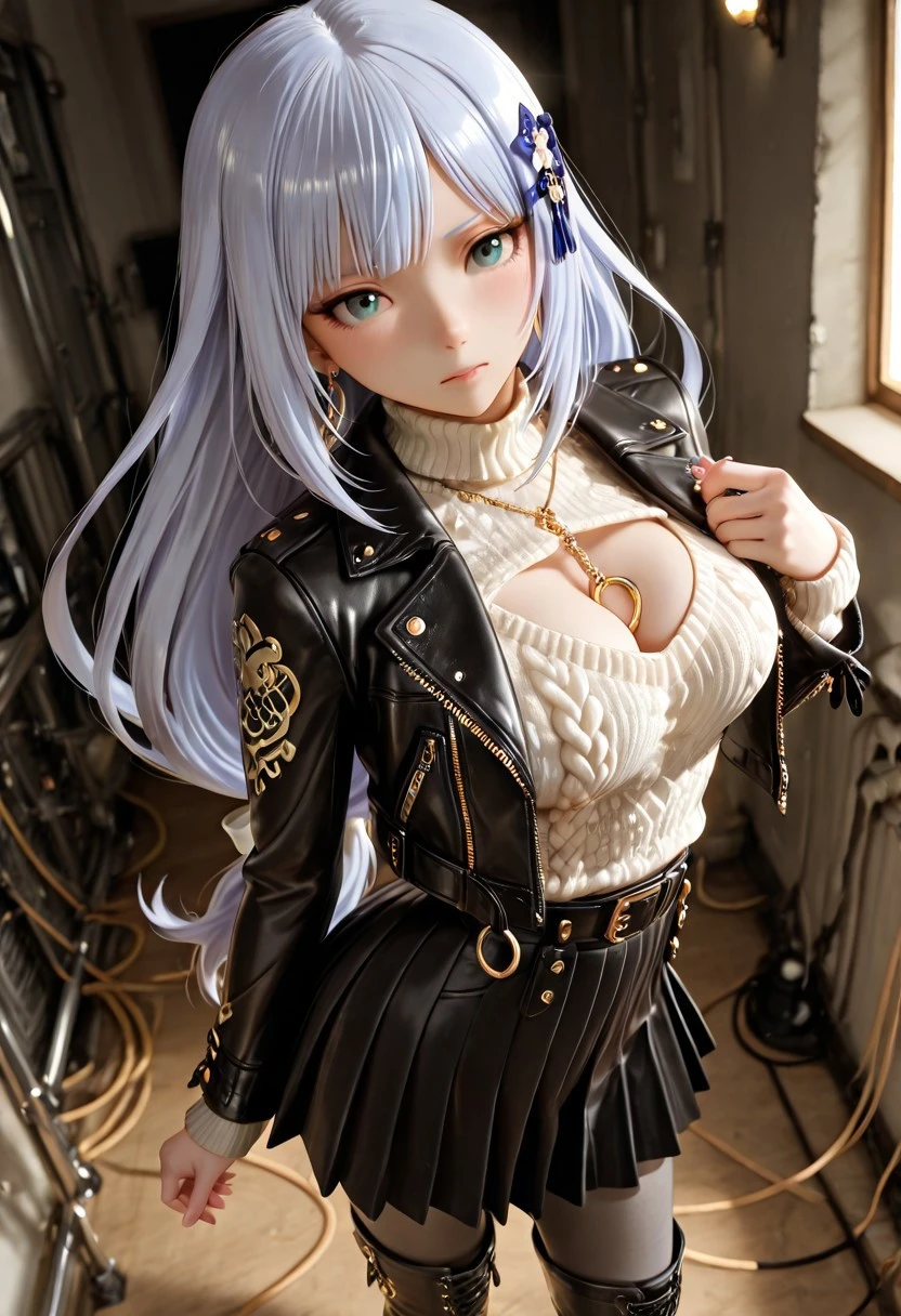 masterpiece, ultra-HD, game_cg,high detail, depth of field, (dramatic lighting),best quality, very aesthetic,8k,2.5D,absurdres, explicit,BREAK,
1 gril,Shiraishi Tsumugi,blue eyes,low-tied long hair,posing,gradient,between_breasts,
BREAK,
beige cable knit sweater, pleated midi skirt, gray opaque tights (20D), cropped leather jacket, knee-high boots, gold hoop earrings,