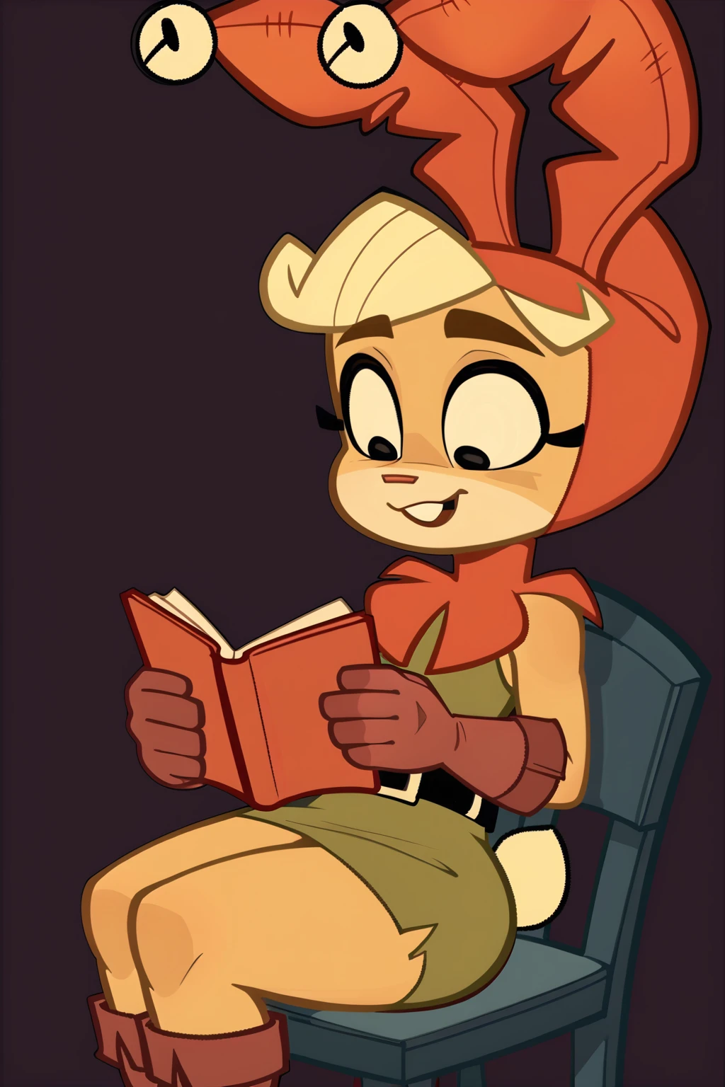feminine, best quality, masterpiece, highres, newest, furry, d0rk_ha, 1girl, furry, rabbit girl, jester hat, dress, gloves, belt, sitting, reading, buckteeth, chair, solo, black eyes,
BREAK
dynamic background, dark background,, simple background, <lora:Dorkha_Pony:1>