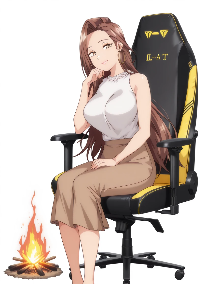 masterpiece, best quality, amazing quality,, <lora:risa-hamazaki-ova-illustriousxl-lora-nochekaiser:1>, risa hamazaki, long hair, brown eyes, brown hair, mature female, large breasts, anime screencap, skirt, shirt, jewelry, white shirt, earrings, sleeveless, brown skirt, hoop earrings,, <lora:secretlab-chair-illustriousxl-lora-nochekaiser:1>, secretlab chair, chair, office chair, gaming chair, sitting, full body, elbow rest, camping, bonfire, tent, stargazing, marshmallows, forest clearing, night, cowboy shot, solo, looking at viewer, <lora:transparent-background-illustriousxl-lora-nochekaiser:1>, transparent background, simple background, white background