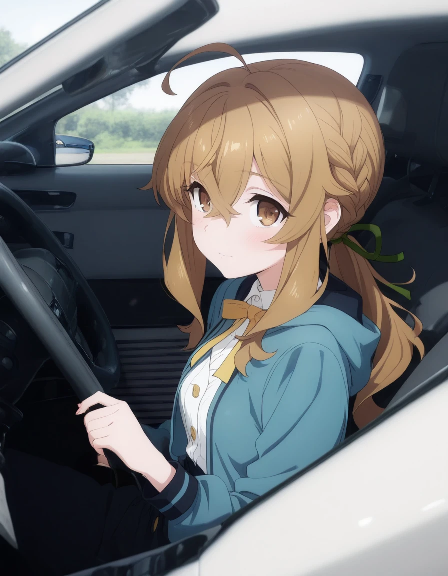 masterpiece,best quality,amazing quality,very aesthetic,high resolution,ultra detailed,perfect details,
<lora:mai_audie5:1.2>,mai_audie5,motor_vehicle,car,vehicle_focus,
<lora:mai_monica_everett:1>,mai_monica_everett,ahoge,braid,crossed_bangs,sidelocks,light_brown_hair,brown_eyes,