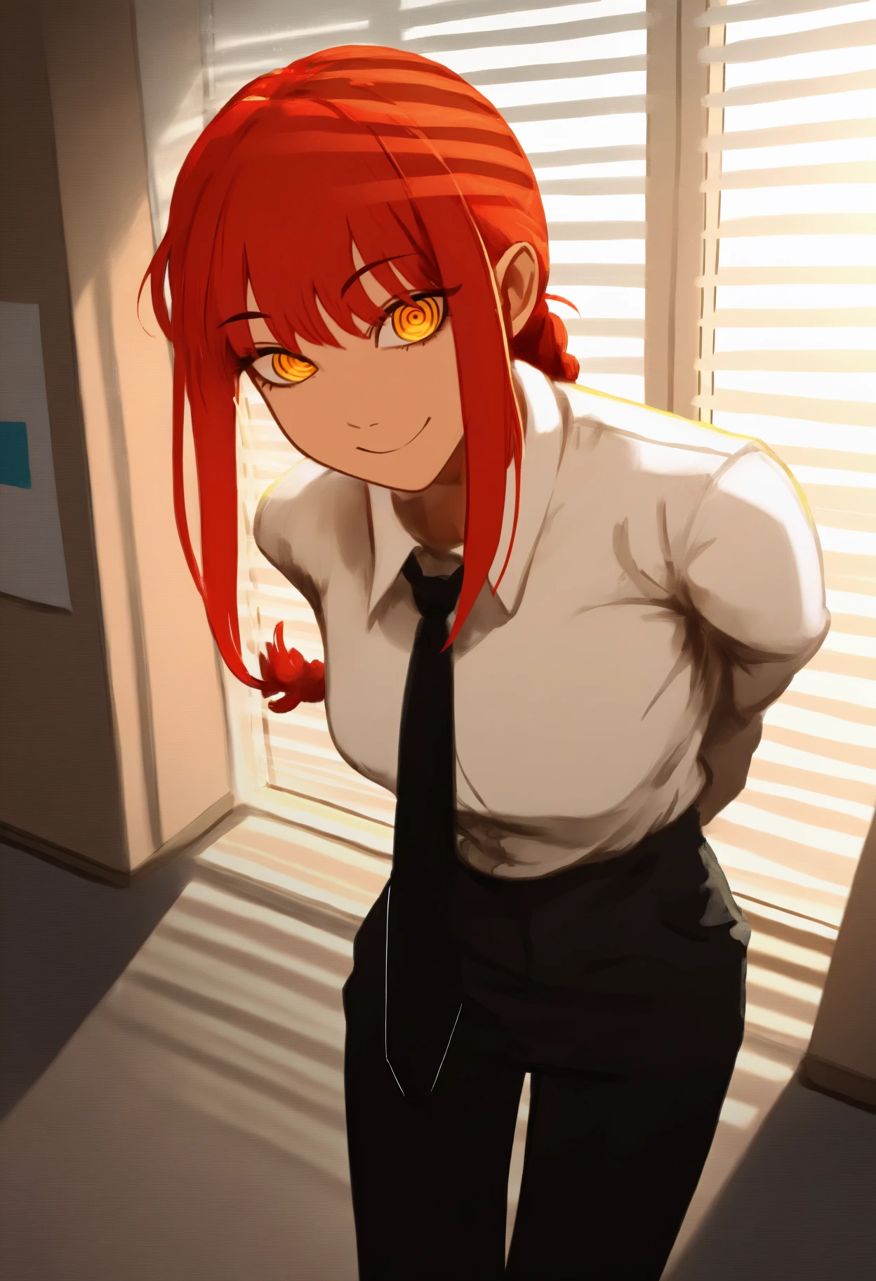 newest, solo, 1girl, mak1madef, smile, looking at viewer, standing, leaning forward, arms behind back, long hair, red hair, braided ponytail, yellow eyes, ringed eyes, white shirt, shirt tucked in, black necktie, long sleeves, black pants, indoors, office, window shadow
<segment:yolo-Anzhc Face seg 640 v3 y11n.pt,0.5,0.5//cid=11>