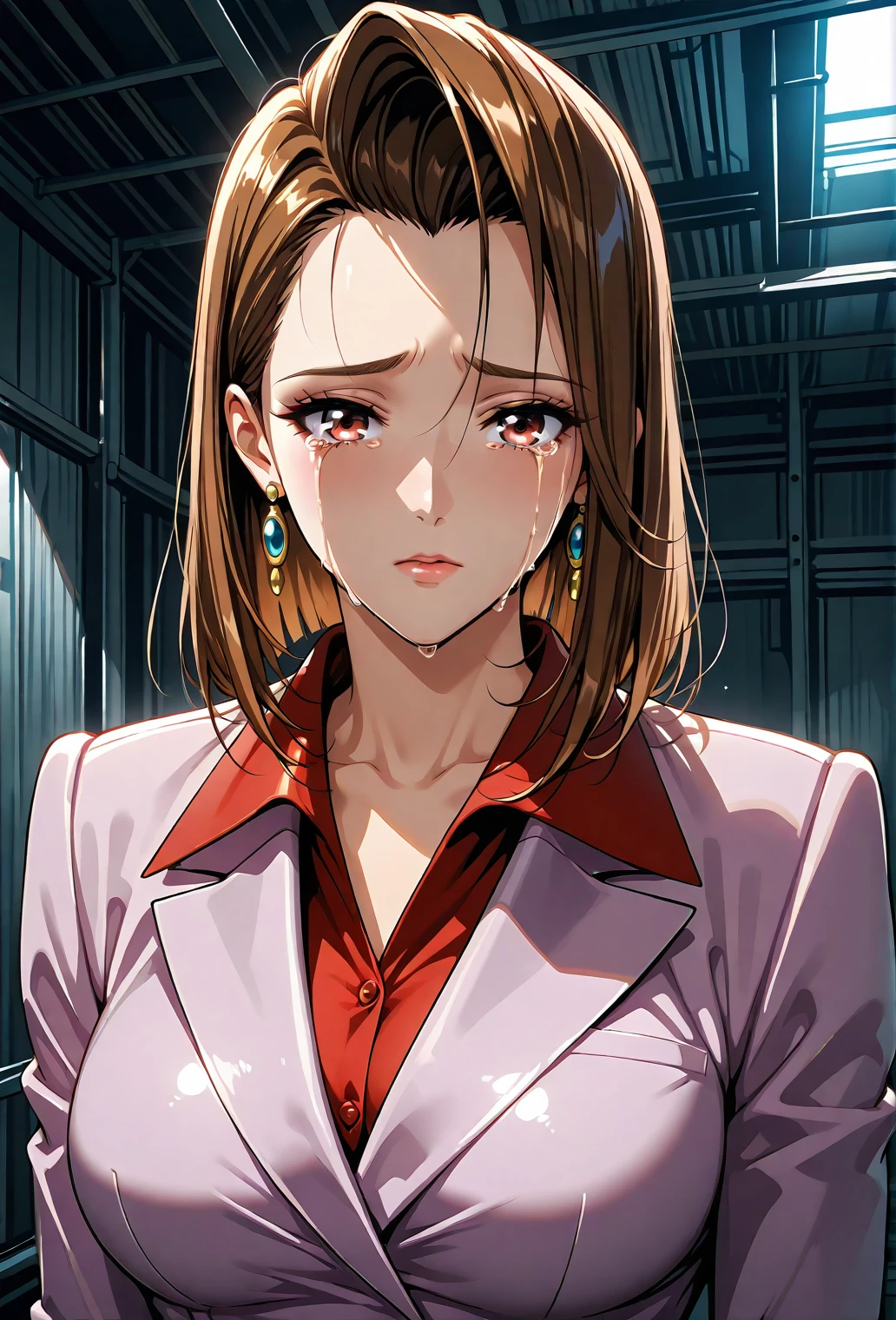 master_piece, ultra_quality, , 1girl, solo,cowboy shot,
,claudia.mccunnen.phantom,mature woman,brown Hair,brown eyas,large breastes,red rips, light purple suit,red shirt,(cleavage:0.5) parted hair,earrings,, parted hair,earrings,
in warehouse,crying,sad,(close-up portrait:1.1), focus on eyes,,looking at viewer,from front,
<lora:cnv3mdde878c738thn20:0.5>illustriousanime <lora:Realistic_Anime_-_Illustrious:0.3>
<lora:claudia.mccunnen.phantom.v1:0.7>
