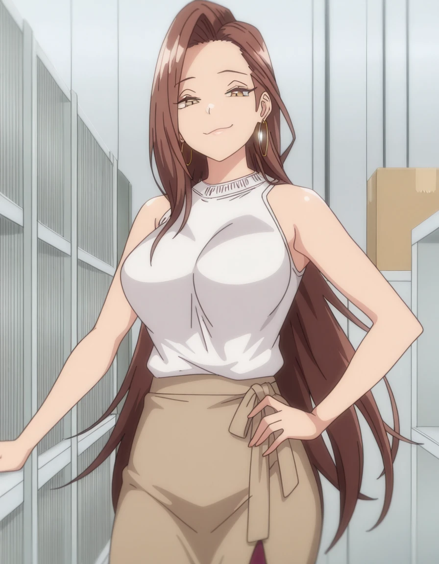 masterpiece, best quality, amazing quality,, <lora:risa-hamazaki-ova-illustriousxl-lora-nochekaiser:1>, risa hamazaki, long hair, brown eyes, brown hair, mature female, large breasts, anime screencap, skirt, shirt, jewelry, white shirt, earrings, sleeveless, brown skirt, hoop earrings,, smug, hand on own hip,, warehouse, storage, shelves, boxes, large, cowboy shot, solo, looking at viewer,