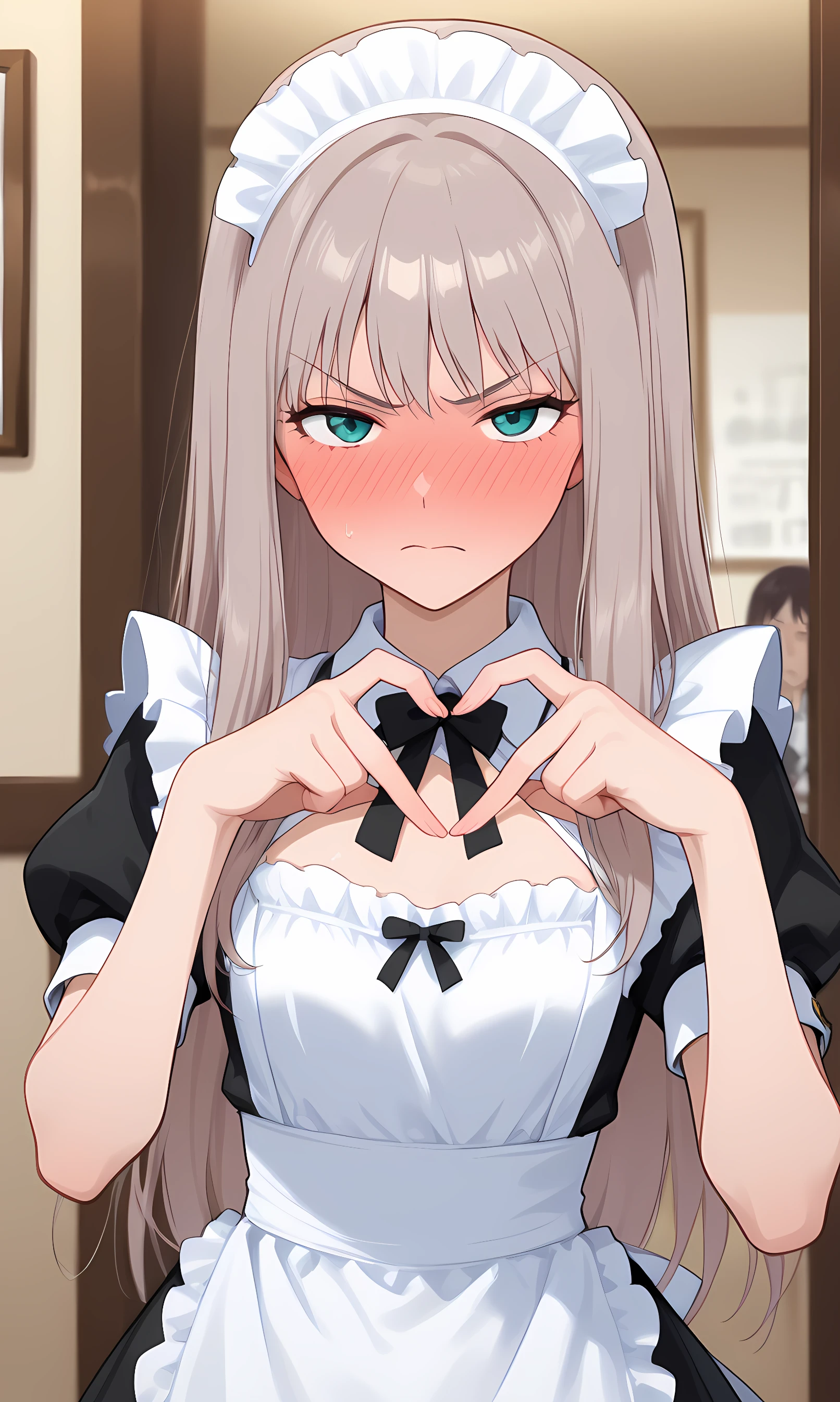 (1 girl, solo, solo focus:1.5), chikako ubukata, aqua eyes, gray hair, long hair, straight hair, bangs, small breasts, maid costume, maid apron, maid headdress, low-cut top, standing, heart hands, angry, disdain, disgust, (embarrassed, full-face blush:1.5), (looking at viewer:1.5), face focus, cowboy shot, maid cafe