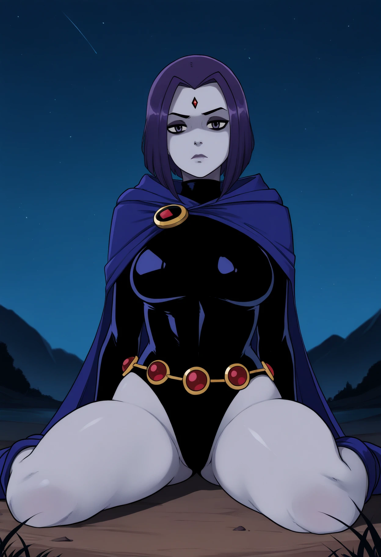 masterpiece, best quality, very aesthetic, absurdres,
1girl, solo, raven \(dc\), cloak, grey skin, thighs, outdoors, night sky, night, black leotard, long sleeves, purple hair, belt, wariza, sitting, looking at viewer, <lora:ZaundergroundNoob_byKonan:1>