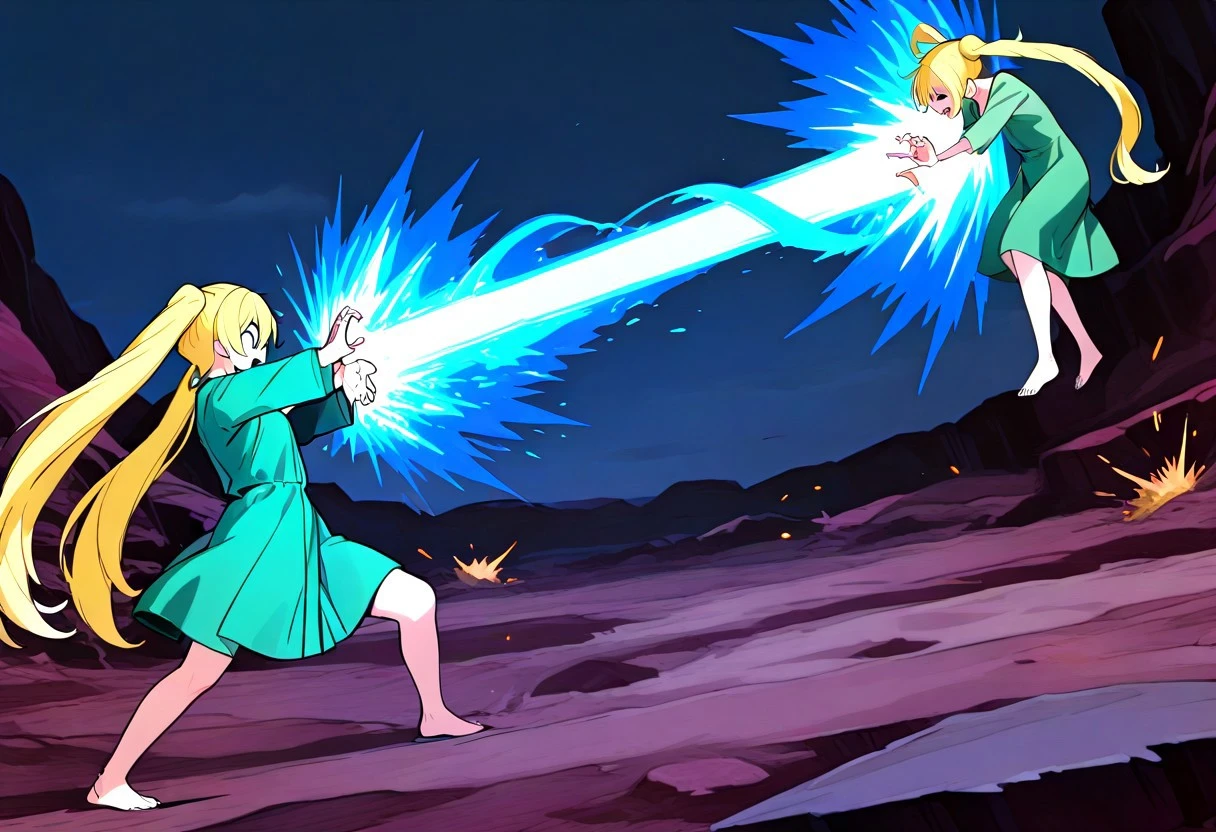 masterpiece, best quality, anime style, vibrant colors, detailed hands, expressive face), side view, long shot, full body,1 girl on the left (blonde hair, green dress, intense expression, both hands cupped forward glowing with blue energy), shooting a kamehameha-style energy beam, 1 girl on the right (hatsune miku, twin tails, being hit by the energy wave, damage expression, arms open, debris and sparks flying around impact).
