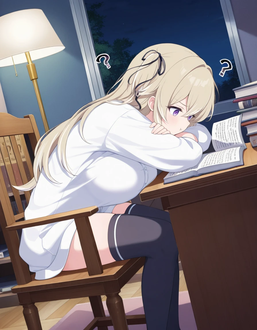 <lora:noeruarue:0.8>,noeruarue,1girl,dynamic_angle,full_shot,sitting,pen,thinking,confused,open book,reading,white shirt,baggy clothes,hair ribbon,frown,pout,study,classical floor lamp,night,dutch angle,bare thighhighs, ,window,bed,bookshelf,large breasts,head_down,classical desk,desk,??,lazypos,wooden backrest chair,