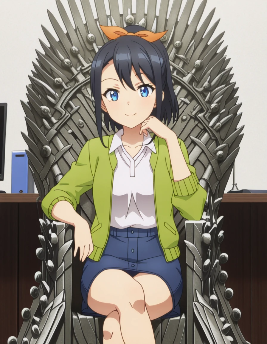 masterpiece, best quality, amazing quality,, <lora:maika-takatori-s1-illustriousxl-lora-nochekaiser:1>, maika takatori, blue eyes, black hair, ribbon, hair ribbon, ponytail, medium hair, mature female, small , anime screencap, shirt, skirt, jacket, white shirt, , collared shirt, blue skirt, denim, green jacket, <lora:iron-throne-illustriousxl-lora-nochekaiser:1>, iron throne, sitting, looking at viewer, sword, throne, sitting on throne, smile, cowboy shot, elbow rest, crossed legs, cubicle, desk, computer, partition, workspace, cowboy shot, solo, looking at viewer,