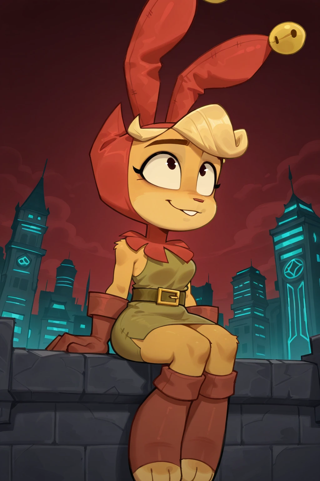 feminine, best quality, masterpiece, highres, newest, furry, d0rk_ha, 1girl, furry, rabbit girl, jester hat, dress, gloves, belt, red background, sitting, cityscape, sitting on brick wall, looking up, relaxed
BREAK
dynamic background, dark background,, simple background, <lora:Dorkha_IL:1>