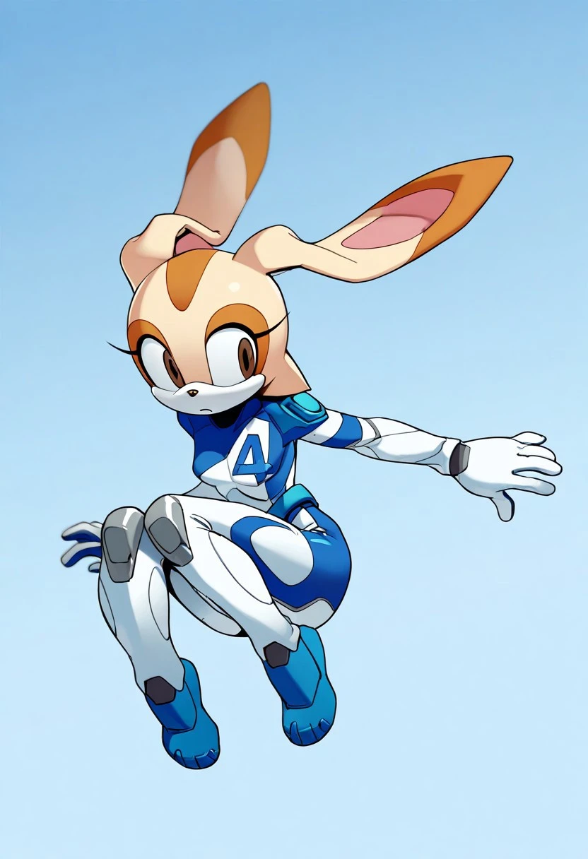 masterpiece, newest,absurdres,incredibly absurdres, best quality, amazing quality, very aesthetic, , depth of field, blurry foreground, 1 girl,  flying, mid air, fetal position, cute,
Cream the rabbit, solo, anthro, furry, female, furry female,animal nose,
,
,slim, petite, Suestorin, complete bodysuit,4 symbol in chest right side, white tactical suit, suit with blue accents,long sleeves,white and blue tactical gloves, high-tech fabric texture, utility belt with silver buckle, kneecaps, white and blue armored boots,reinforced toe cap, small breast, wide hips, full body,