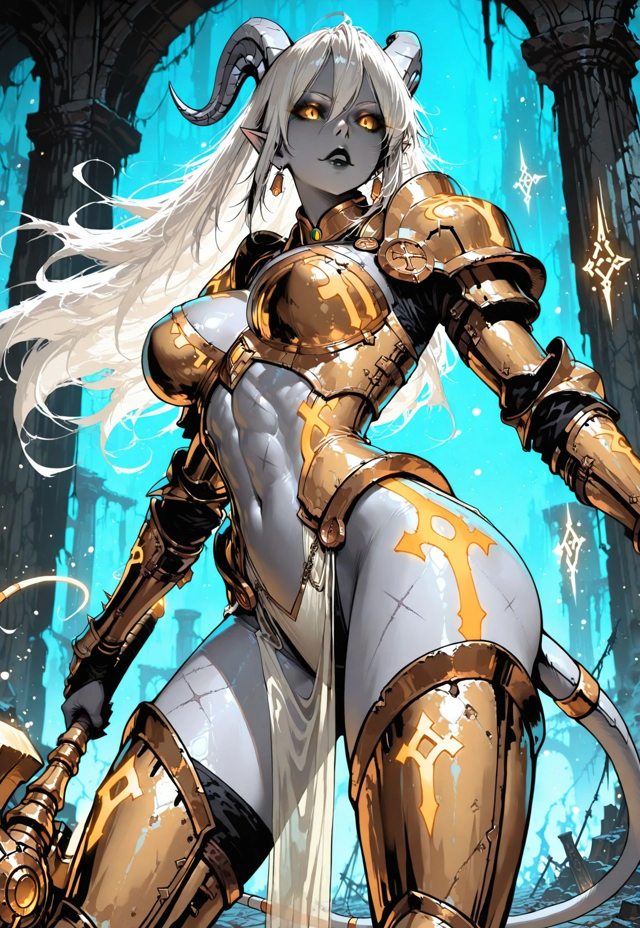 masterwork, masterpiece, best quality, detailed, depth of field, high detail, best quality, very aesthetic, 8k, depth of field, dynamic angle, adult, aged up, particle effect, high contrast shadows,
1girl, lightforged draenei, pointy ears, tall girl, mature, muscles, athletic, long tail, (yellow eyes, glowing eyes, yellow sclera), (pale grey skin, yellow runetattoos, yellow warpaint), (white hair, long messy hair), black lipstick, scars, golden jewelry, big breasts, solo, deathknight, sexy, giant hammer with yellow glowing runes, swirling yellow ghostly energy, standing in ruins, ancient runes carved in stone, ethereal spirits circling, fantasy setting, detailed background, depth of field, dramatic lighting, dynamic pose, detailed background, dynamic pose, dynamic composition,dutch angle, detailed backgroud,foreshortening,blurry edges, golden armor, white pelvic curtain, yellow crystals, yellow spikes on armor, knightarmor, fierce expression, battleready, night, darkness, dark ruins, creepy