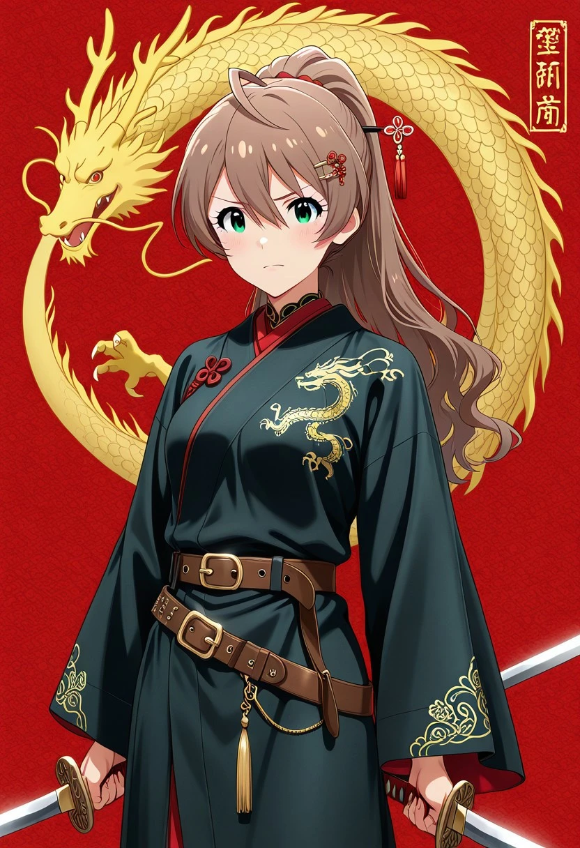 Smooth_Quality,
,BREAK,
1 gril,solo,Sakuramori Kaori,((long hair))
,BREAK,
black and red robe, golden dragon embroidery, leather belt, twin swords, high ponytail, hairpin