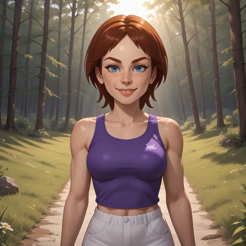 score_9, score_8, BREAK, solo, wii, mii, wii sports, 1girl, cute, female mii, dark red hair, dark red eyebrows, blue eyes, freckles, lips, purple clothing, white pants, shoes, GiovannaWSR, breasts, nintendo mii, modern_mii, classic_mii, self portrait, smile, looking at viewer, outdoors, sunlight, shadows, evening lighting, natural lighting, forest, trees, grass, orange sky, sunset