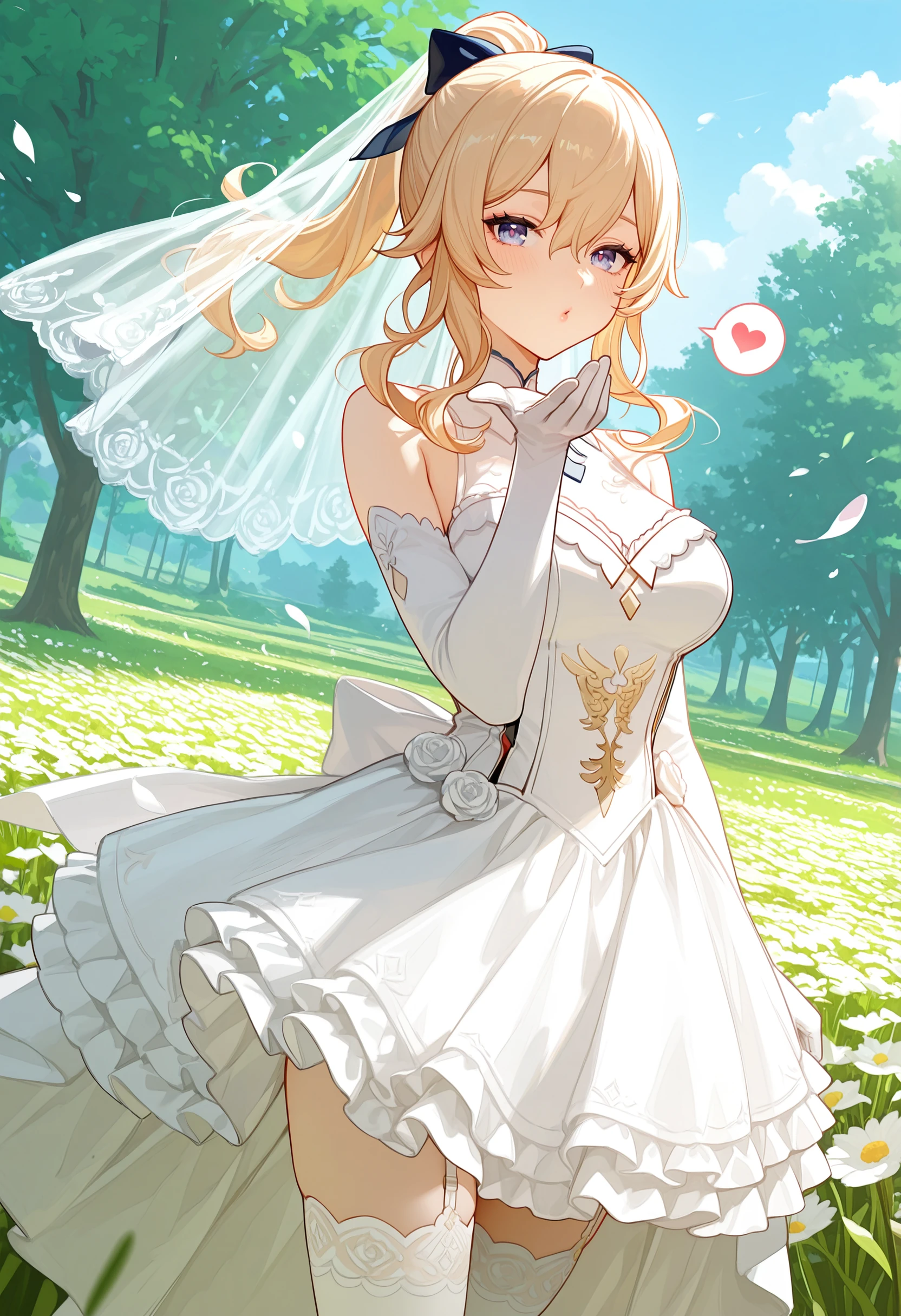 masterpiece, best quality, amazing quality, very awa,absurdres,newest,very aesthetic,depth of field, highres,
1girl,solo, jean (genshin impact), ponytail, blonde hair, hair between eyes, sidelocks, long hair, black hair bow, wedding_veil, frills, elbow_gloves, looking_at_viewer, wedding_dress, outdoors, filed, wind, floating_hair, falling_petals, happy, looking_at_viewer, eye_reflection, dutch_angle, three-quarter_portrait, thighhighs, layered_dress, frilly_dress, 5_fingers, flowers field, tree, falling_leaves, standing, puckered_lips, blowing_kiss, hand out of frame, spoken_heart, 