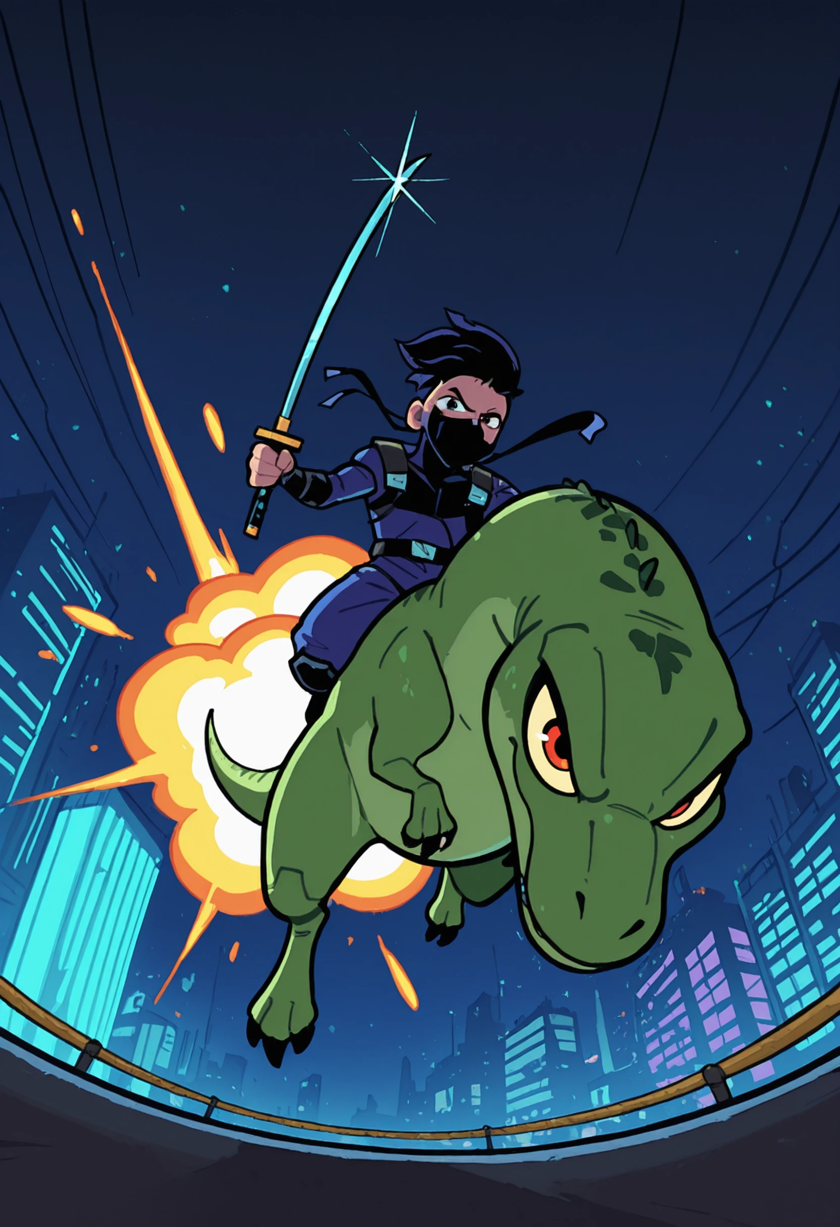 Masterpiece,amazing quality,detailed,newest,outdoors,cyberpunk city,night time,1man,ninja,holding a katana,riding a dinosaur,charging,male focus,dynamic pose,action,foreshortening,dynamic angle,looking at viewer, sparkles, explosion, volumetric lighting,dynamic angle,toon